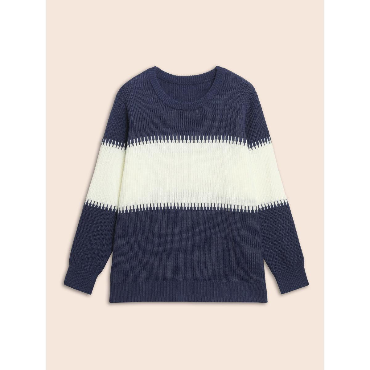 Plus Size Crew Neck Contrast Patchwork Pullover Indigo Women Casual Loose Long Sleeve Round Neck Everyday Pullovers BloomChic 26/4X Product Image
