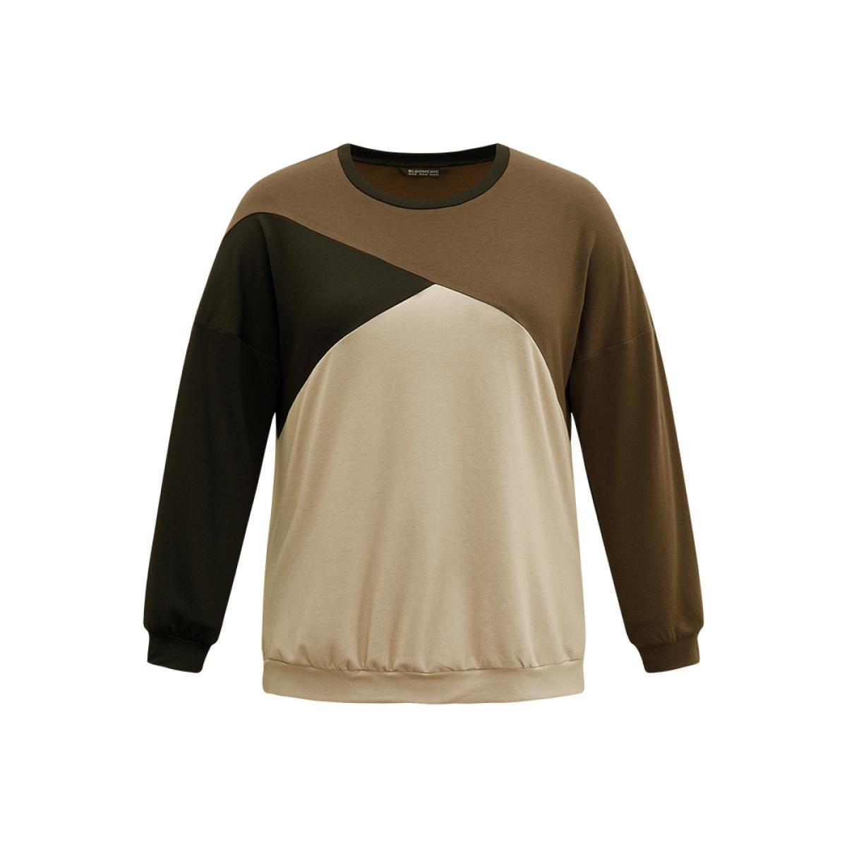 Plus Size Colorblock Patchwork Drop Shoulder Sweatshirt Women DarkBrown Casual Elastic cuffs Round Neck Dailywear Sweatshirts BloomChic 26/4X Product Image