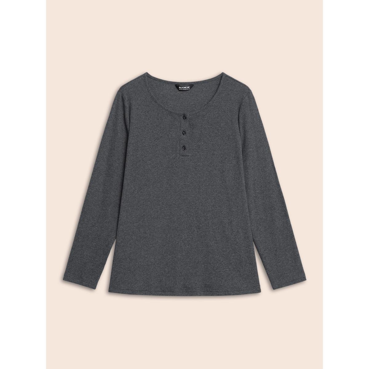 Plus Size Cotton Rib Knit Button Up T-shirt DimGray Women Casual Texture Round Neck Bodycon Everyday T-shirts BloomChic 22-24/3X Product Image
