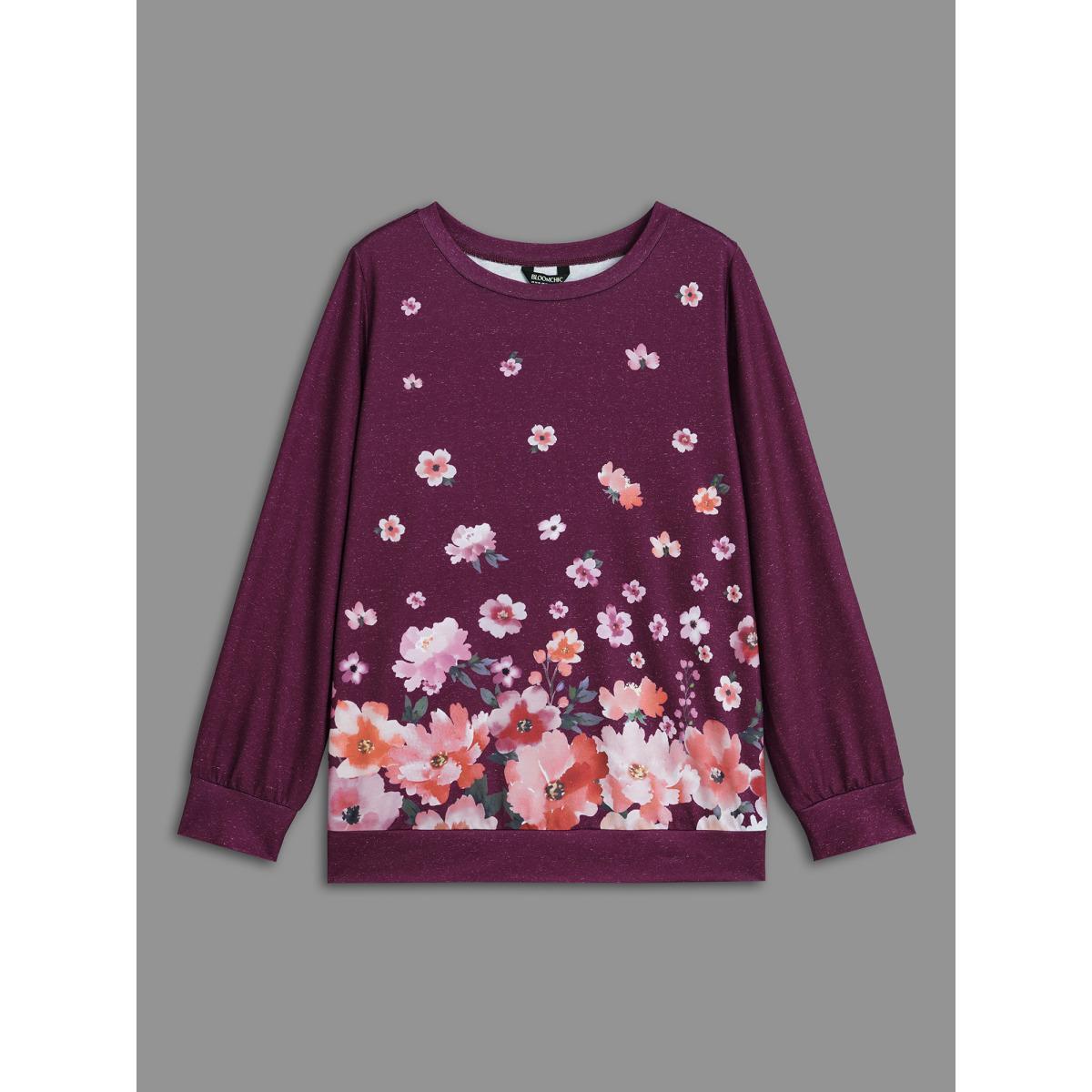 Plus Size Round Neck Floral Stretchy Sleeve Sweatshirt Women Deeppurplered Casual Non Round Neck Everyday Sweatshirts BloomChic 30/6X Product Image