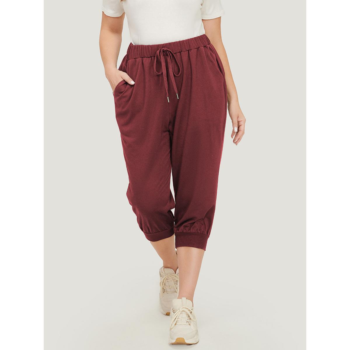 Plus Size Solid Knot Front Pocket Carrot Pants Women Burgundy Casual High Rise Dailywear Pants BloomChic 10/M Product Image