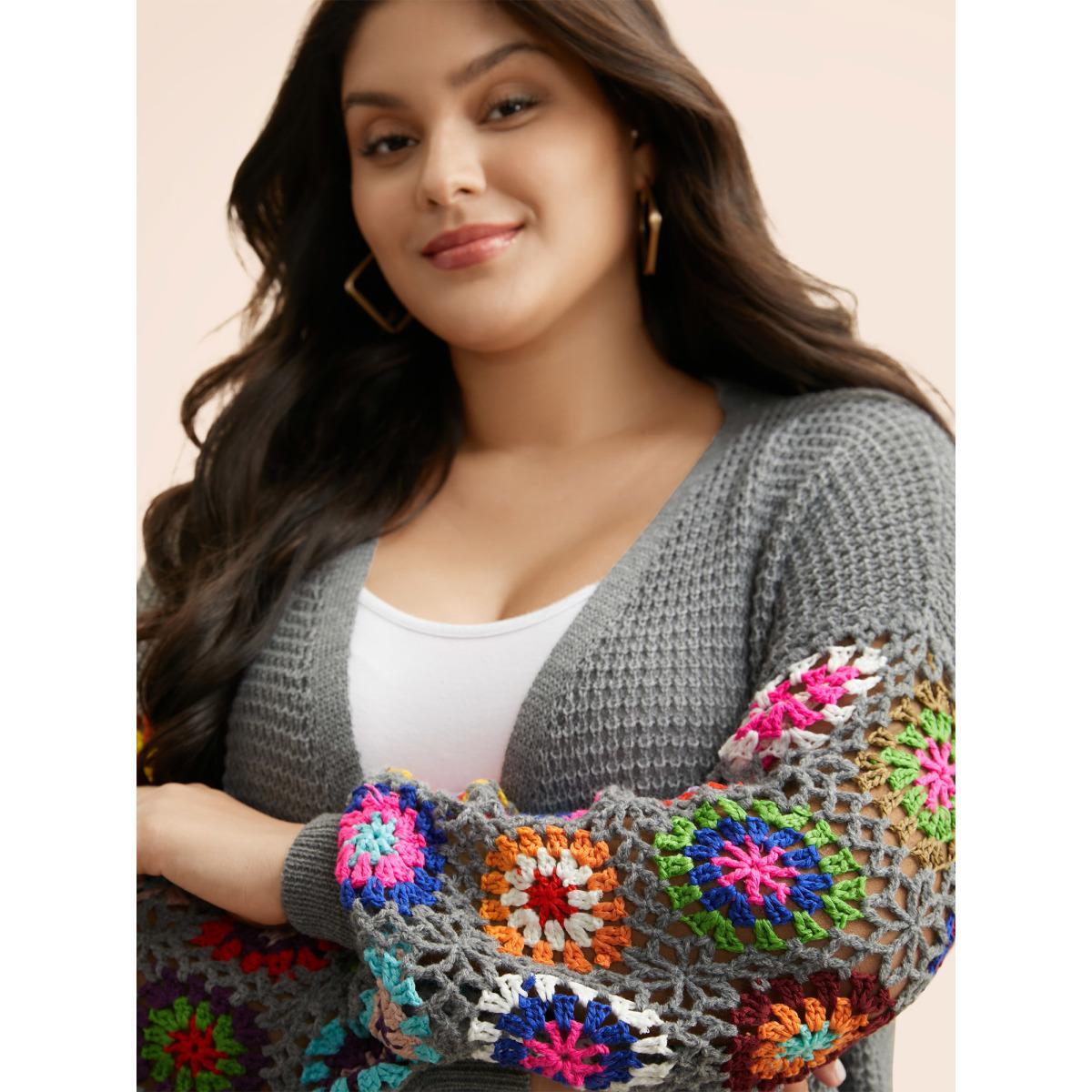 Plus Size Crochet Floral Drop Shoulder Cut Out Cardigan DarkGray Women Resort Loose Long Sleeve Vacation Cardigans BloomChic 26/4X Product Image