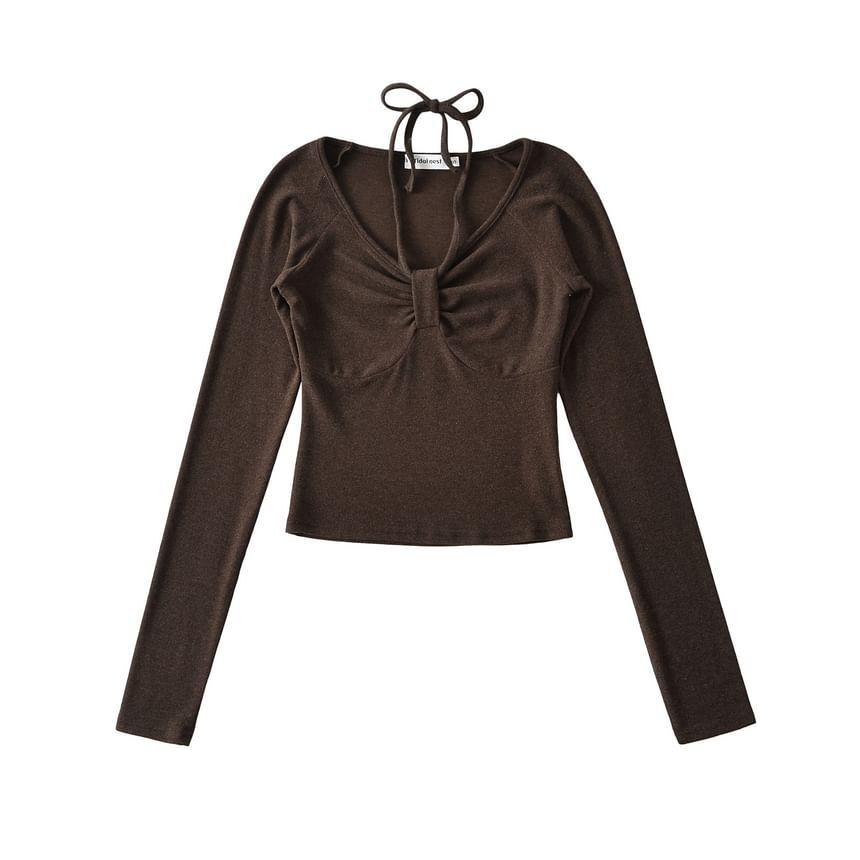 Long-Sleeve Halter Neck Plain Ruched Slim Fit Crop T-Shirt Product Image