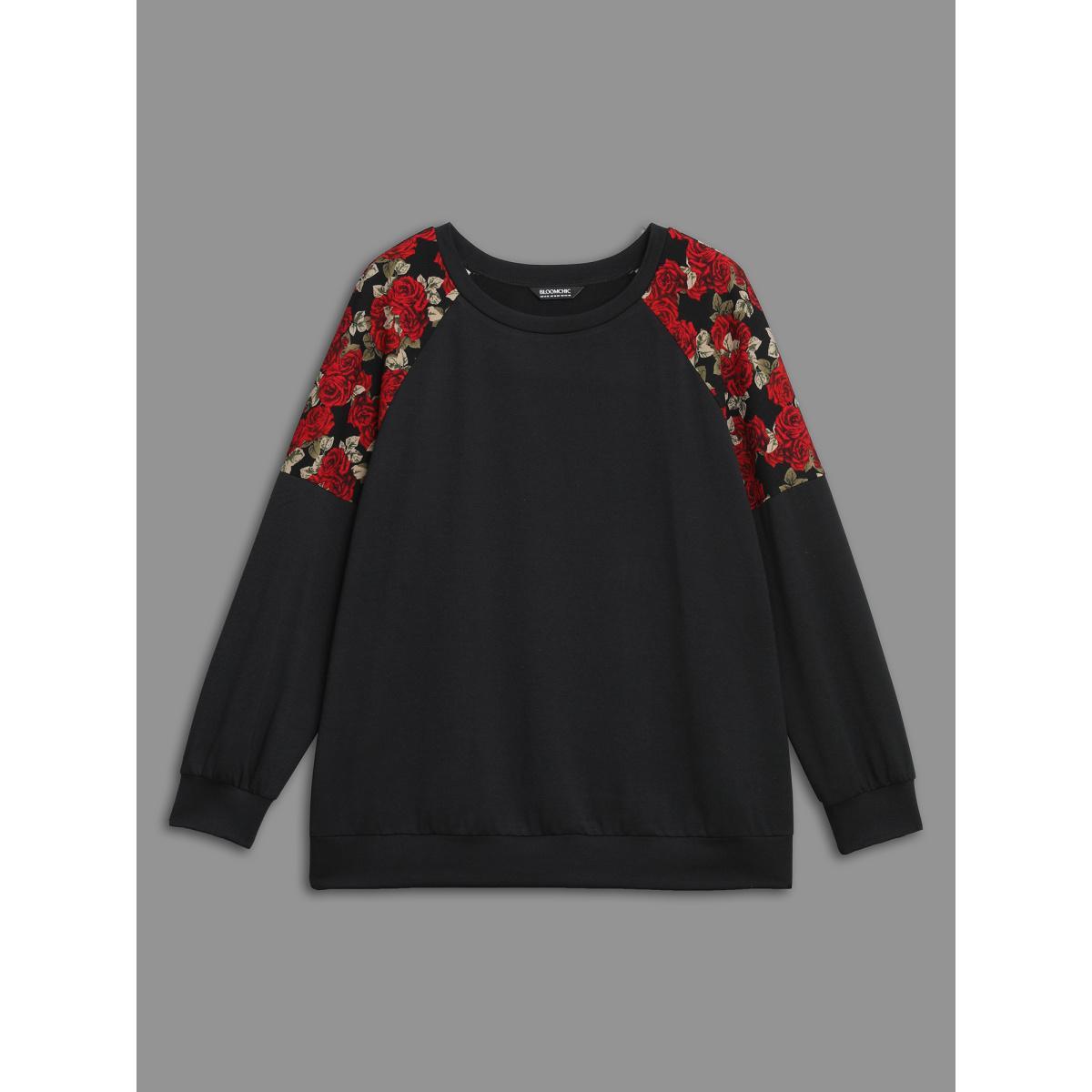 Plus Size Floral Raglan Sleeve Stretchy Fitted Sweatshirt Women Black Casual Contrast Round Neck Everyday Sweatshirts BloomChic 30/6X Product Image