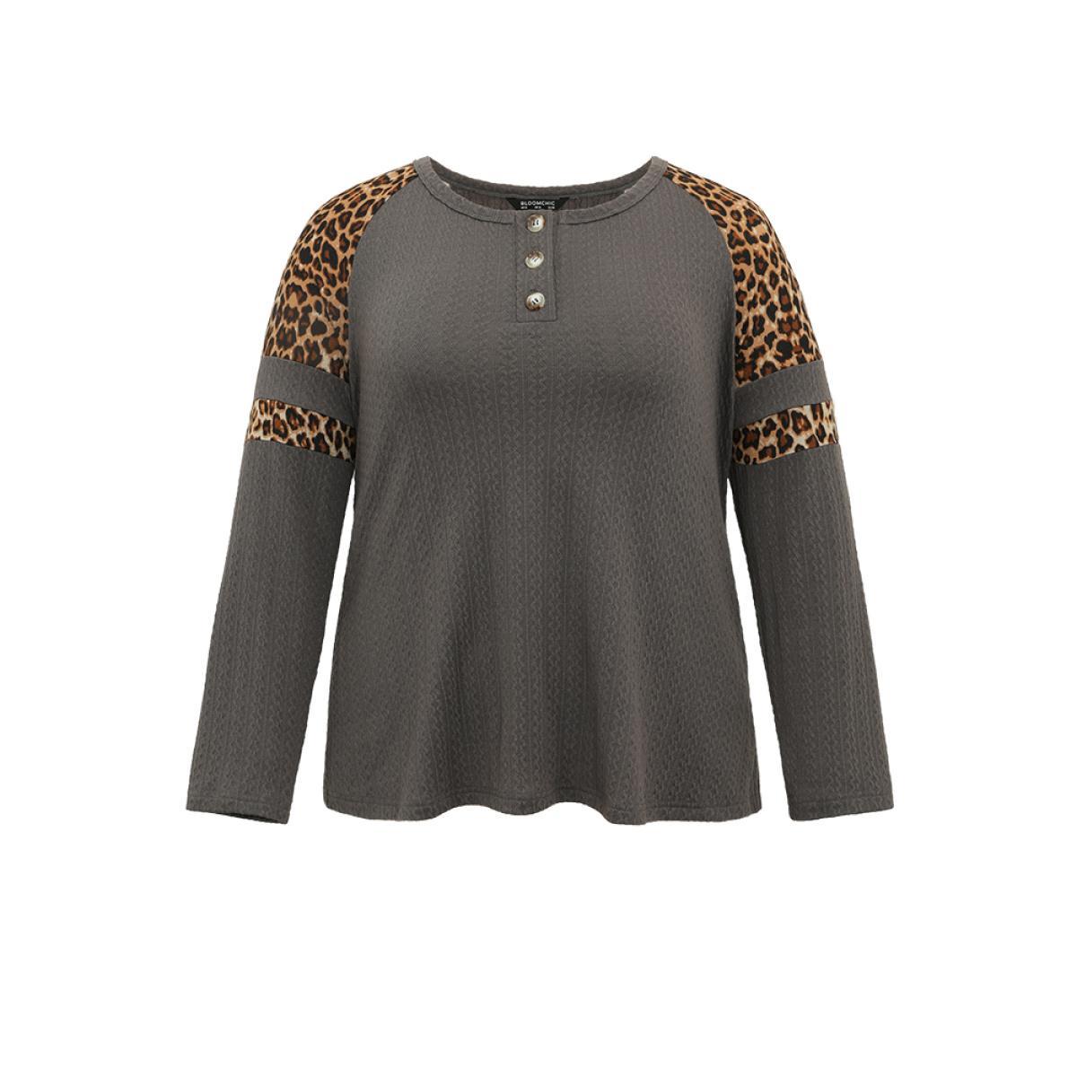 Plus Size Leopard Patchwork Contrast Jacquard T-shirt DimGray Women Casual Contrast Leopard Open Front Dailywear T-shirts BloomChic 26/4X Product Image