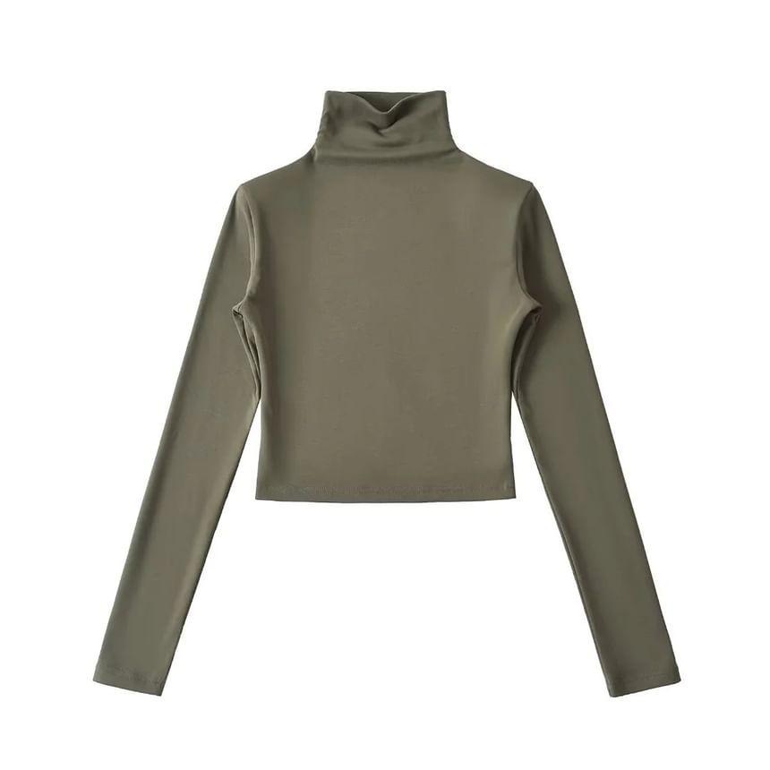 Long-Sleeve Turtleneck Plain Crop Top Product Image