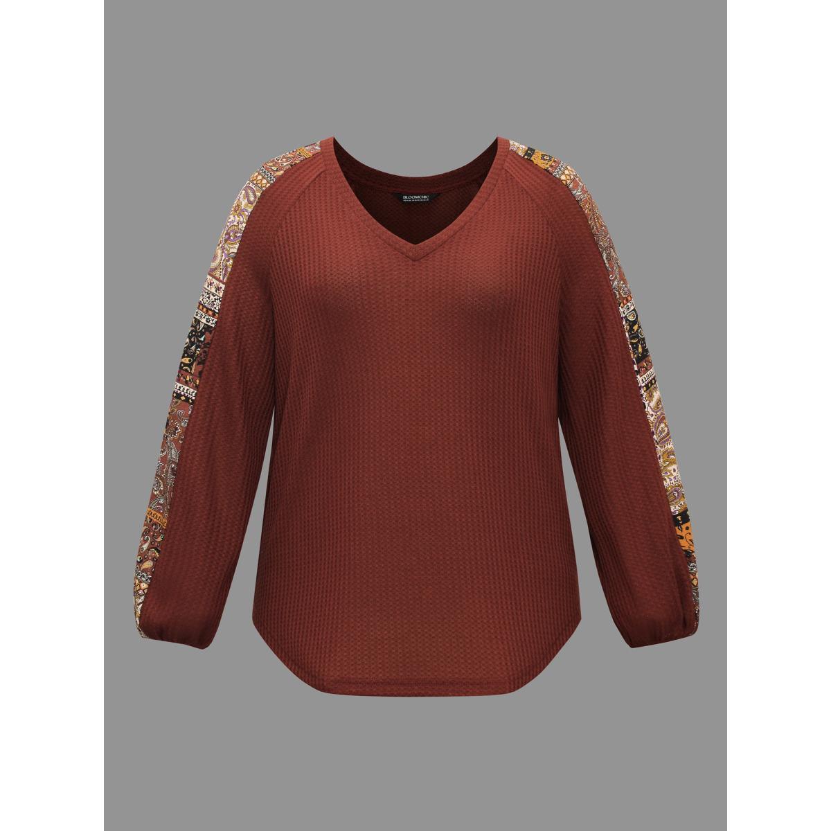 Plus Size Bandana Patchwork Waffle Knit T-shirt Maroon Women Casual Texture V-neck Loose Everyday T-shirts BloomChic 26/4X Product Image