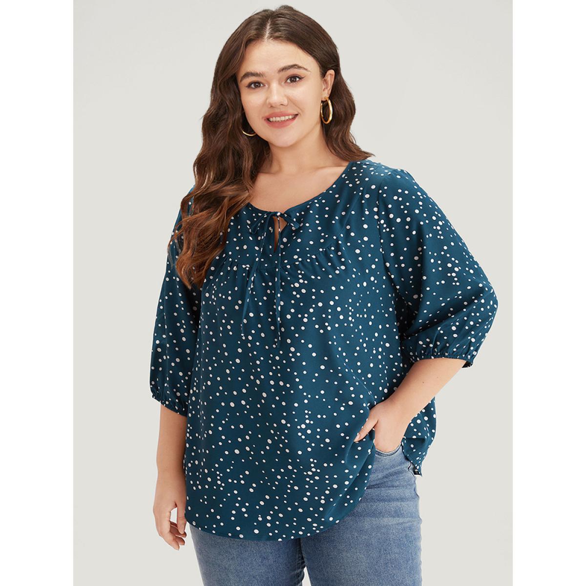 Plus Size Aegean Polka Dot Knot Neck Arc Hem Blouse Women Elegant Elbow-length sleeve Tie Neck Dailywear Blouses BloomChic 26/4X Product Image