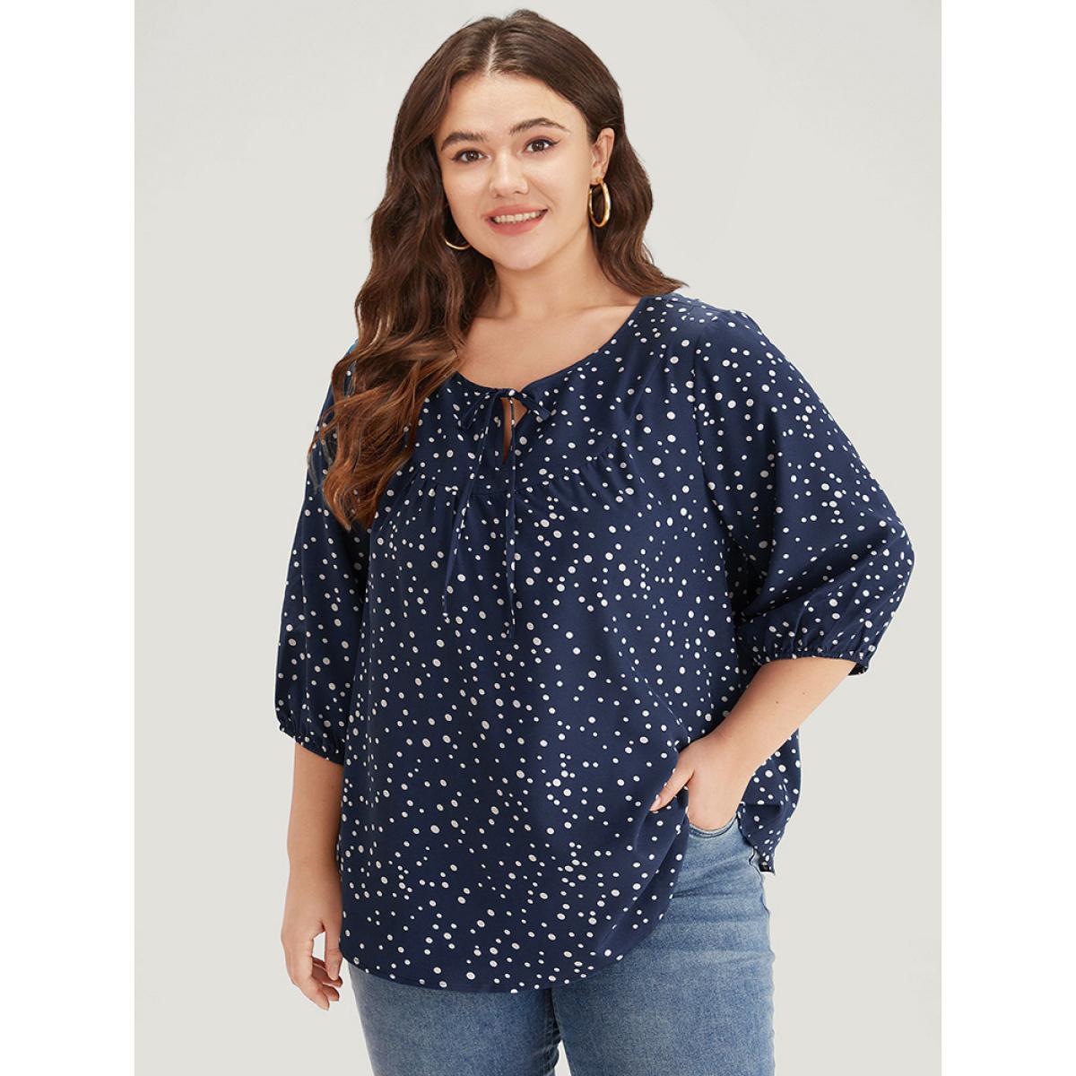 Plus Size Indigo Polka Dot Knot Neck Arc Hem Blouse Women Elegant Elbow-length sleeve Tie Neck Dailywear Blouses BloomChic 22-24/3X Product Image