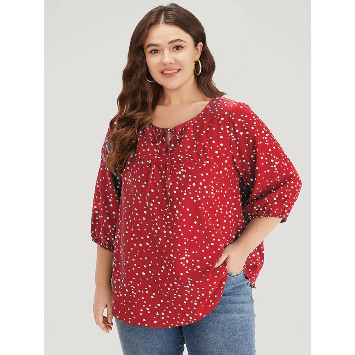 Plus Size Raspberry Polka Dot Knot Neck Arc Hem Blouse Women Elegant Elbow-length sleeve Tie Neck Dailywear Blouses BloomChic 18-20/2X Product Image