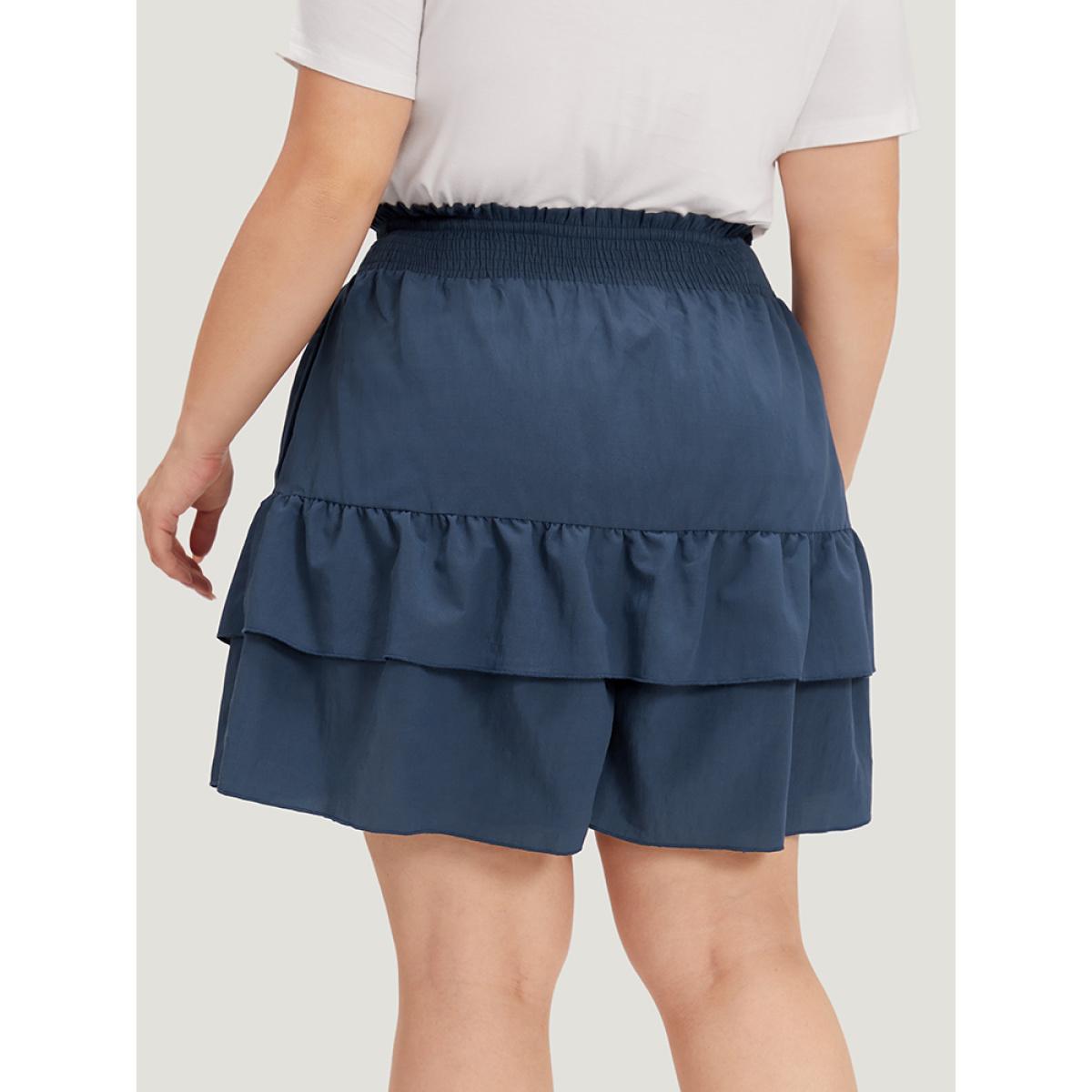 Plus Size Solid Paperbag Waist Shirred Layered Hem Shorts Women Indigo Casual Plain Dailywear Shorts BloomChic 14-16/1X Product Image
