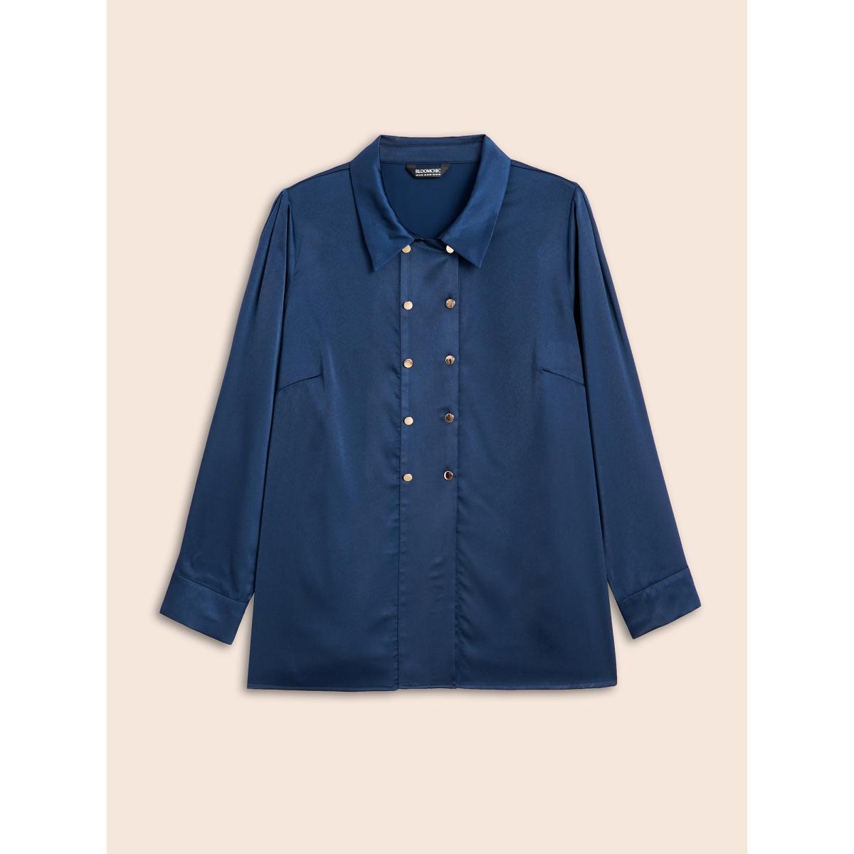 Plus Size Indigo Shirt Collar Metal Detail Blouse Women Elegant Long Sleeve Shirt collar Everyday Blouses BloomChic 26/4X Product Image