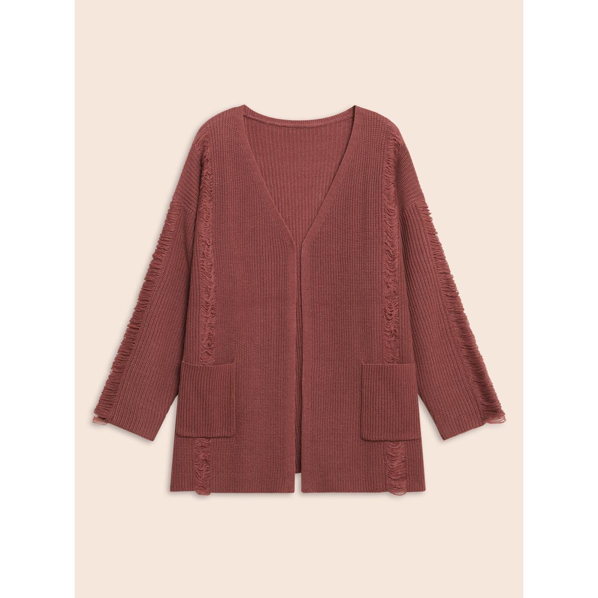 Plus Size Floating Lines Pockets Open Cardigan Burgundy Women Casual Long Sleeve Everyday Cardigans BloomChic 18-20/2X Product Image