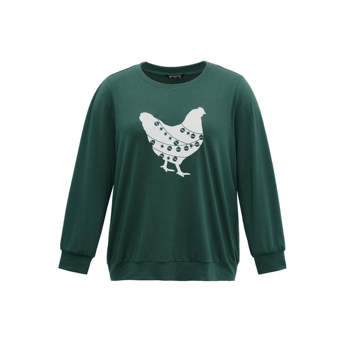 Plus Size Christmas Animal Print Crew Neck Sweatshirt Women DarkGreen Casual Printed Festival-Christmas Sweatshirts BloomChic 18-20/2X Product Image