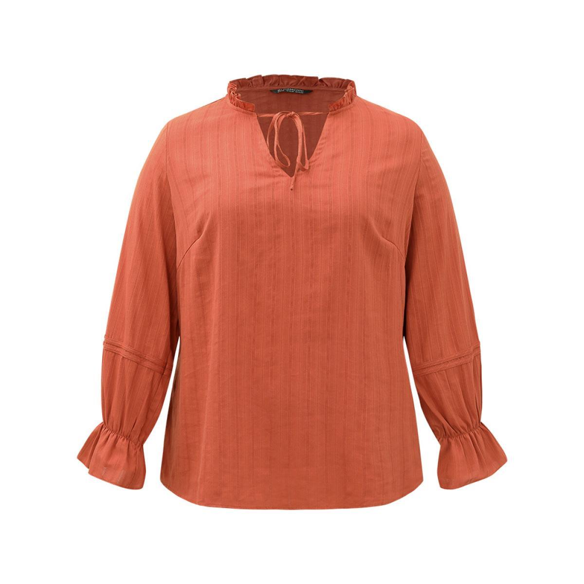 Plus Size OrangeRed Plain Tie Neck Textured Ruffle Trim Blouse Women Elegant Long Sleeve Tie Neck Dailywear Blouses BloomChic 10/M Product Image