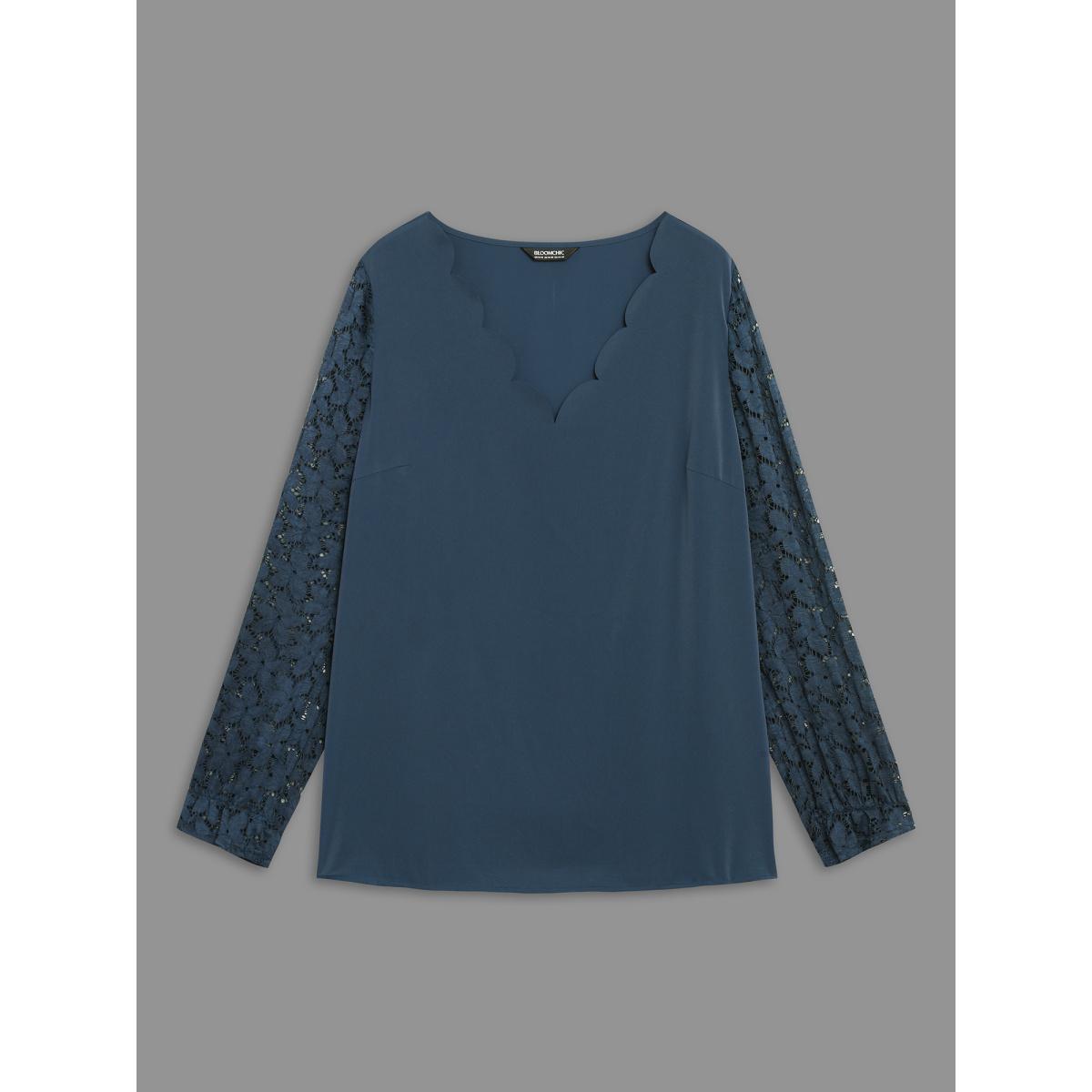 Plus Size Indigo Sheer Floral Sleeve Scalloped Neck Shirt Women Elegant Long Sleeve V-neck Everyday Blouses BloomChic 12/L Product Image