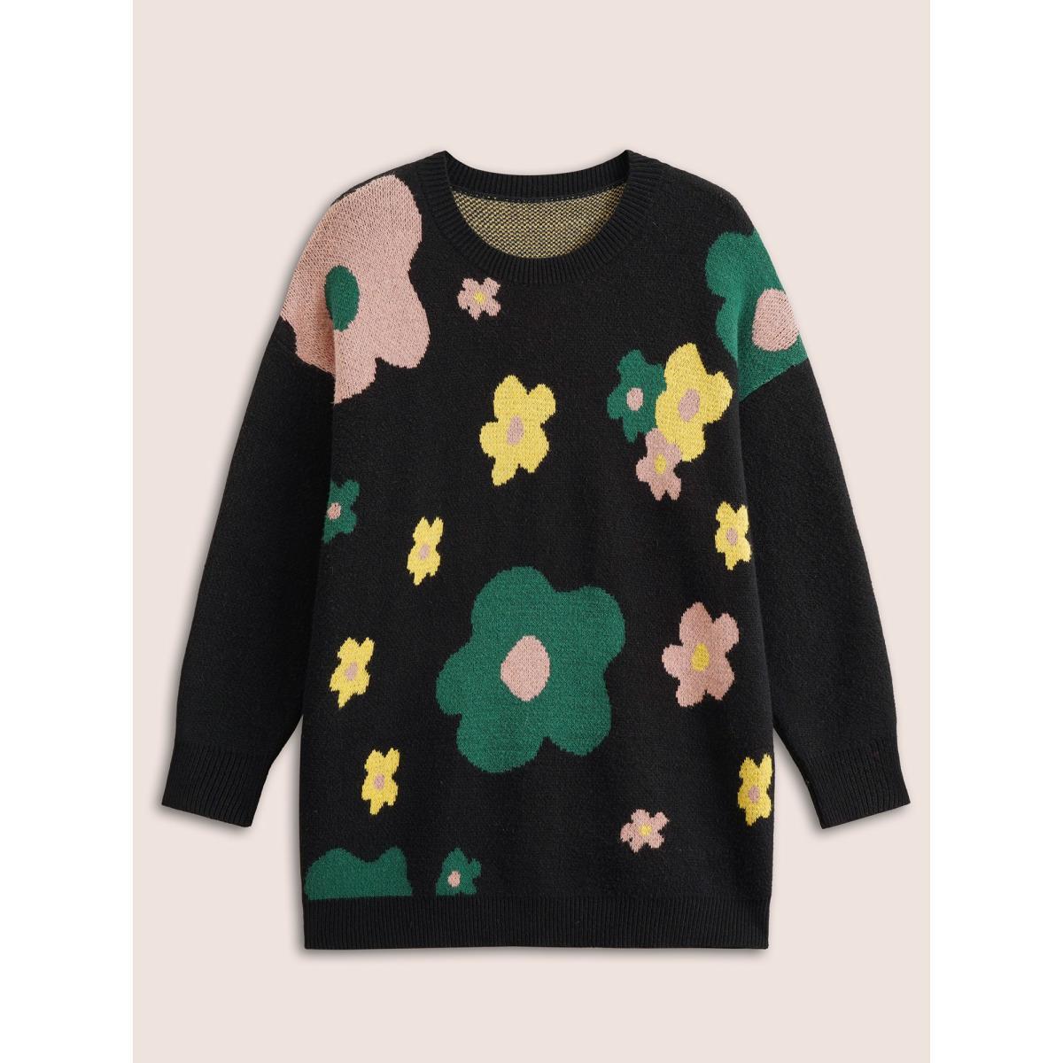 Plus Size Supersoft Essentials Colour Floral Drop Shoulder Pullover Black Women Casual Loose Long Sleeve Round Neck Everyday Pullovers BloomChic 22-24/3X Product Image
