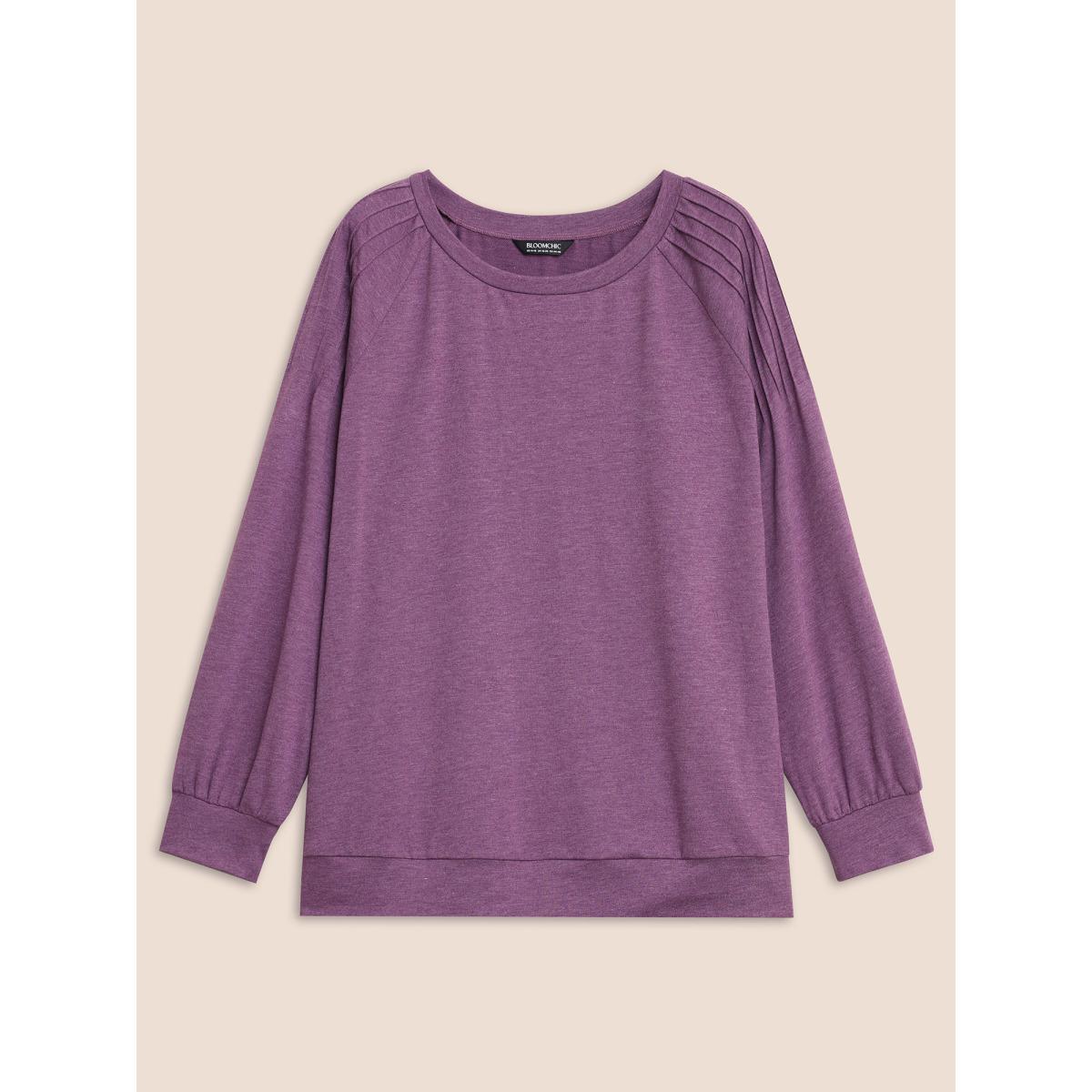 Plus Size Solid Heather Raglan Sleeve Pleated Sweatshirt Women Deeppurplered Casual Pleated Round Neck Everyday Sweatshirts BloomChic 30/6X Product Image