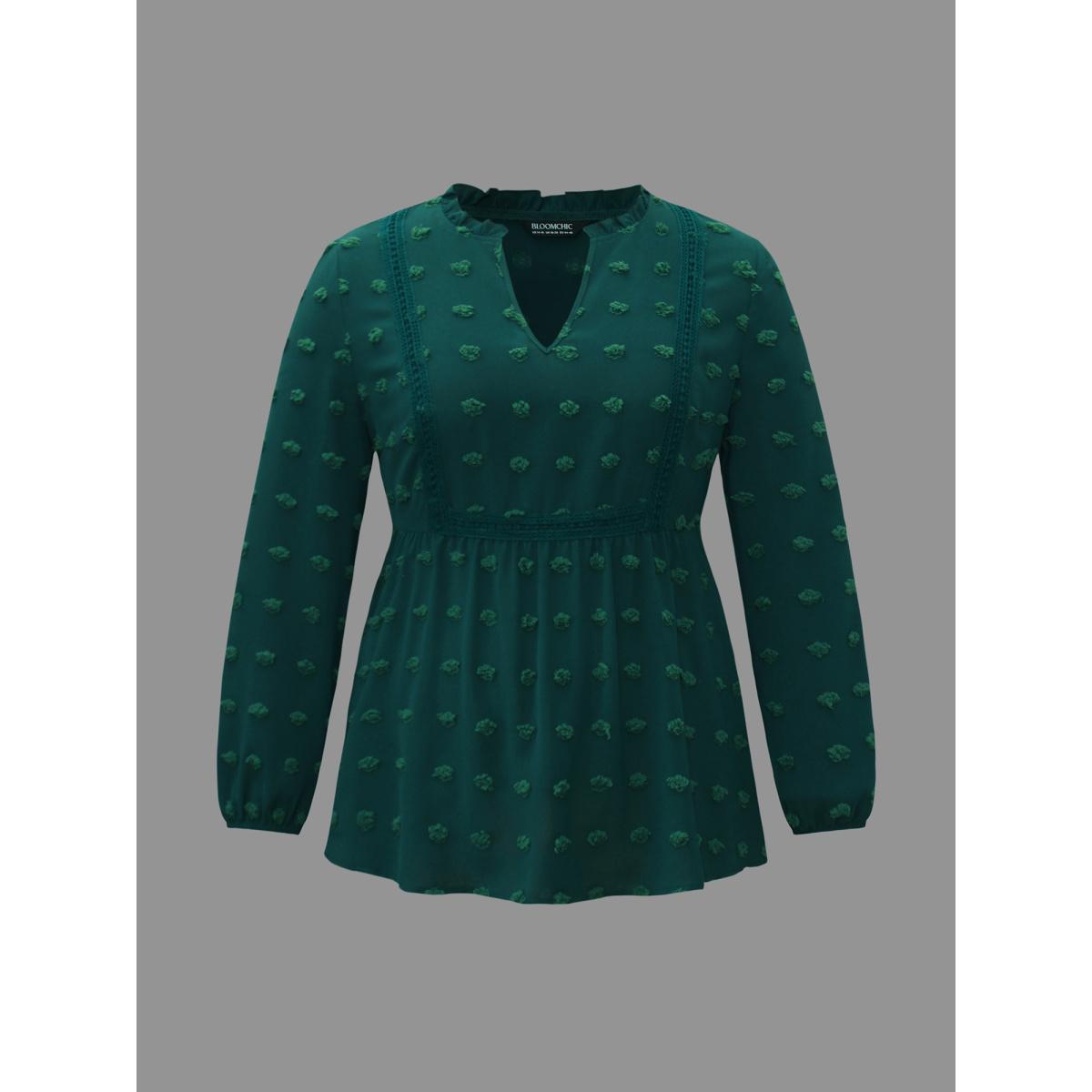 Plus Size DarkGreen Notched Collar Ruffle Trim Textured Blouse Women Elegant Extra Long Sleeve V-neck Everyday Blouses BloomChic 12/L Product Image