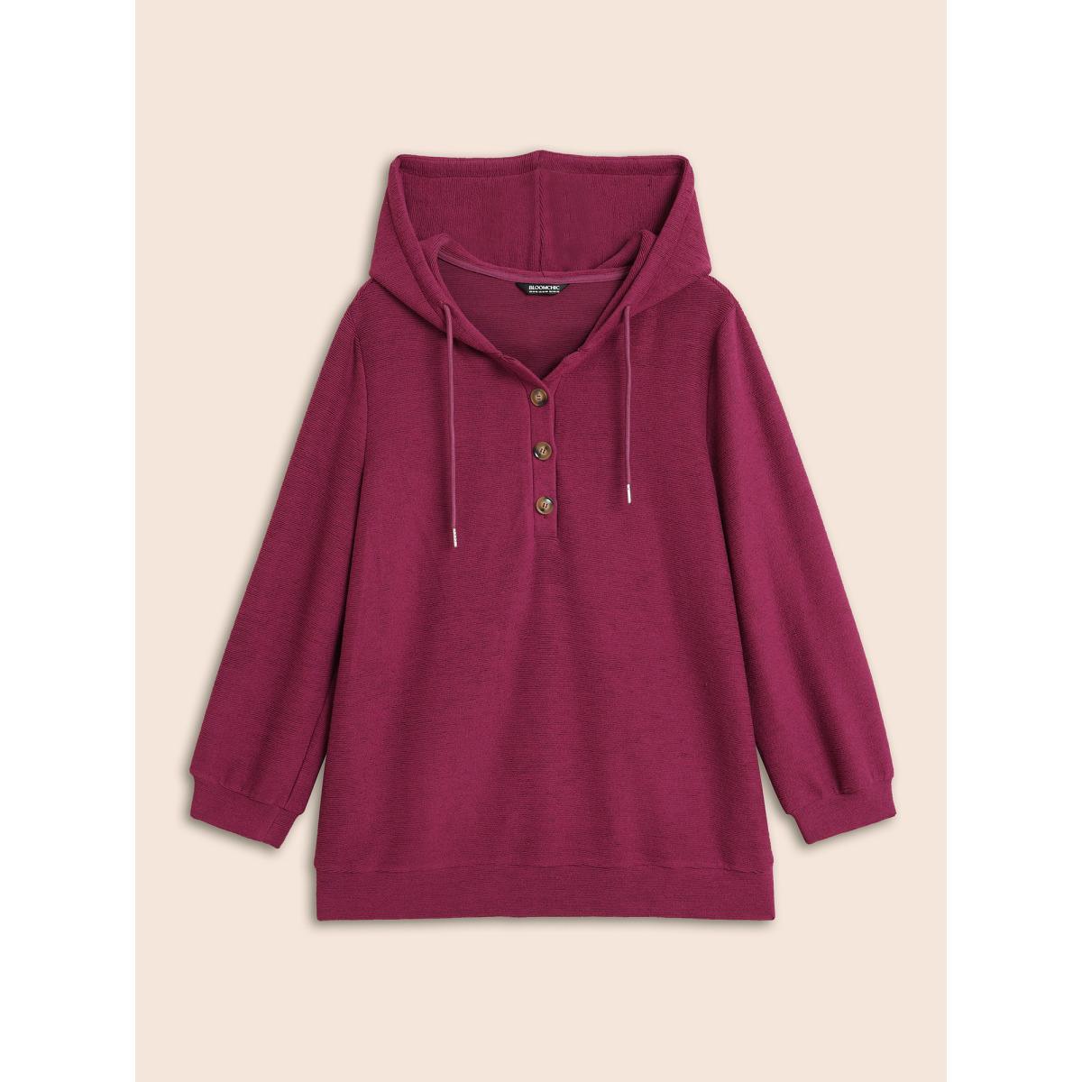 Plus Size Solid Button Up Hooded Drawstring Sweatshirt Women RedViolet Casual Texture Hooded Everyday Sweatshirts BloomChic 14-16/1X Product Image