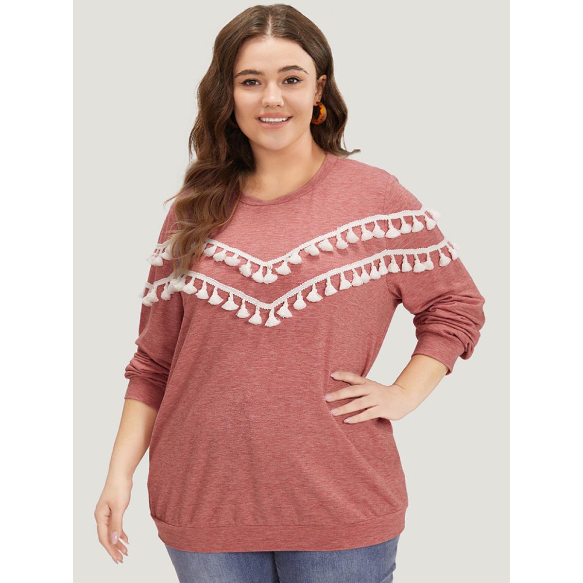 Plus Size plain Heather Crew Neck Tassel Trim Sweatshirt Women Russet Elegant Elastic cuffs Round Neck Dailywear Sweatshirts BloomChic 30/6X Product Image