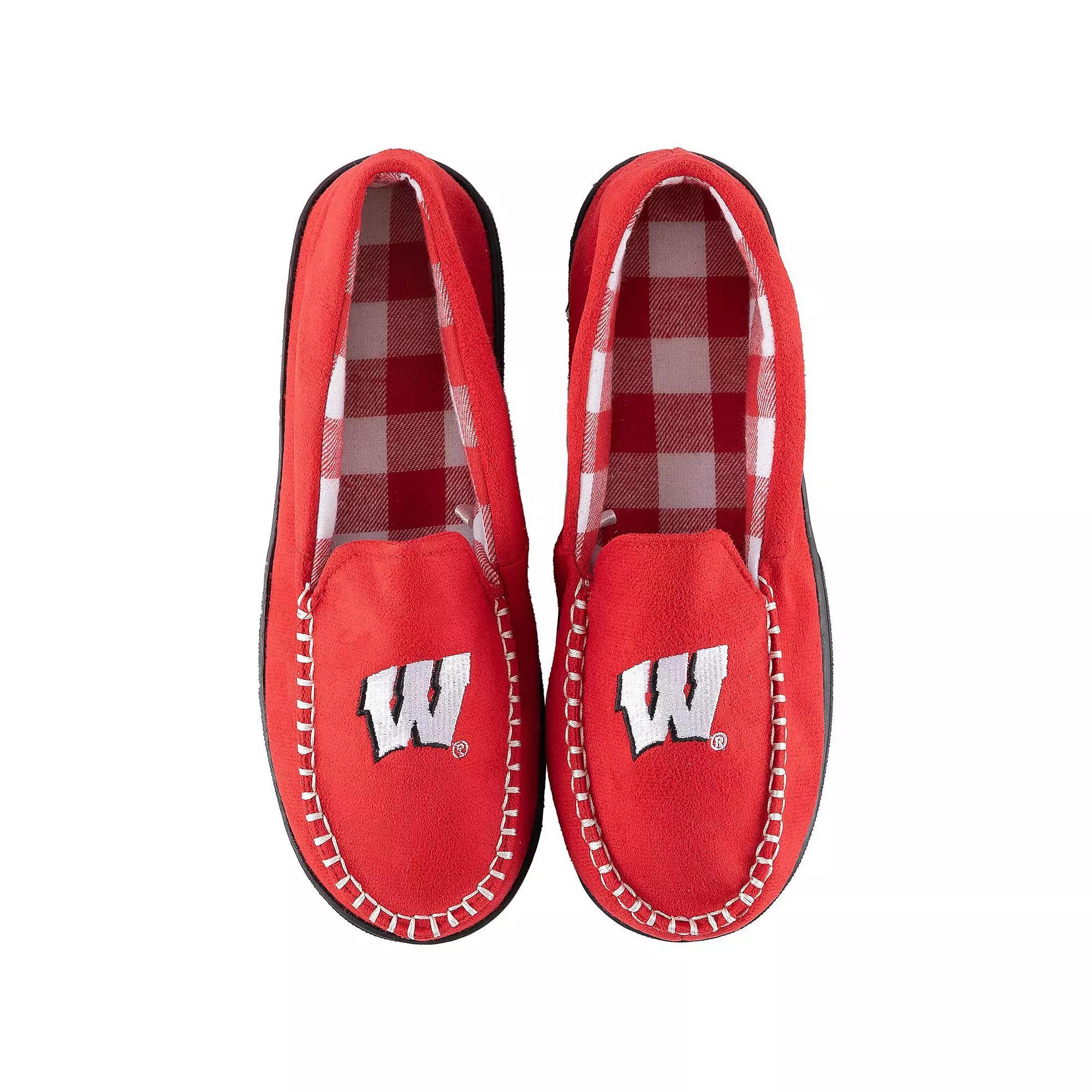 Men's ZooZatz Wisconsin Badgers Flannel Moccasin Slippers, Size: 9-10, Red Product Image