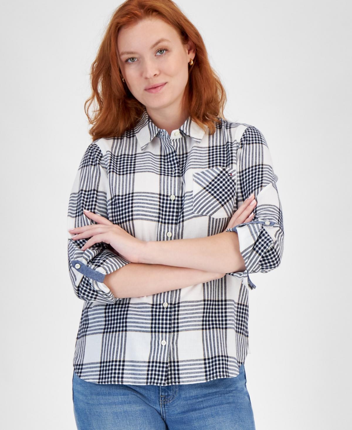 Tommy Hilfiger Womens Perry Plaid Metallic-Threaded Shirt - Bright White Product Image