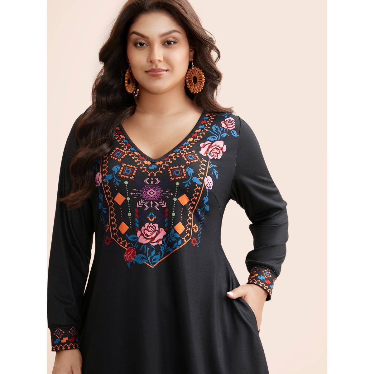 Plus Size Bandana Print V Neck Midi Dress Black Women Resort Non V-neck Long Sleeve Curvy BloomChic 28/5X Product Image