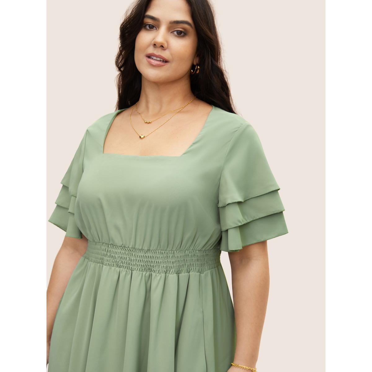 Plus Size Square Neck Shirred Tiered Ruffle Sleeve Dress Palemauve Women Elegant Tiered Square Neck Short sleeve Curvy BloomChic 18-20/2X Product Image