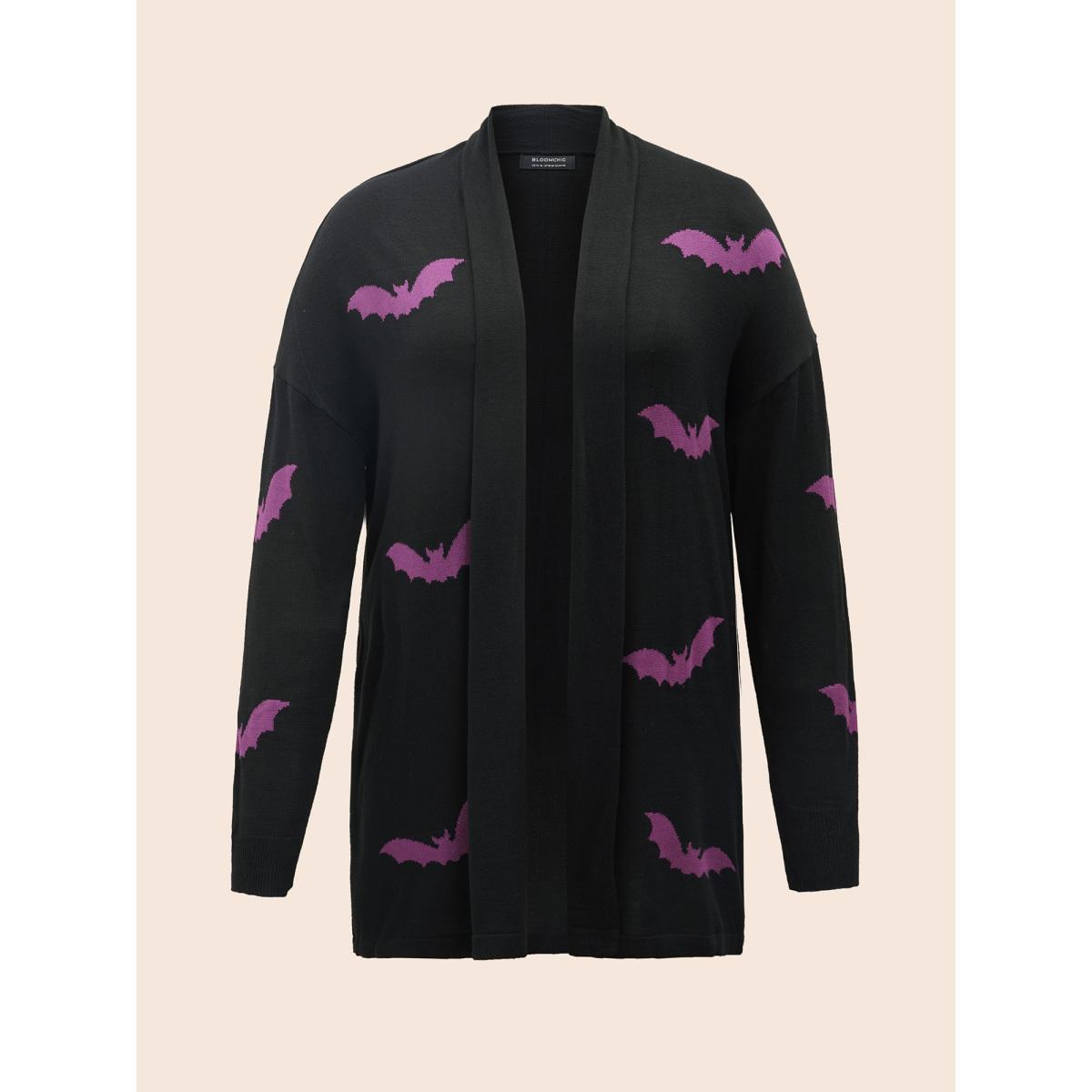 Plus Size Supersoft Essentials Halloween Bat Pattern Lapel Collar Cardigan Black Women Casual Loose Long Sleeve Festival-Halloween Cardigans BloomChic 22-24/3X Product Image