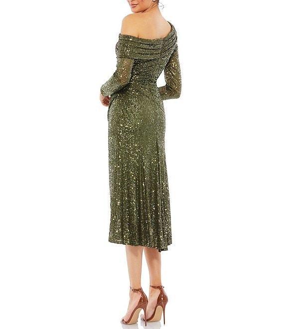 Mac Duggal Long Sleeve Asymmetric One Shoulder Ruched Thigh High Slit Sequin Midi Dress Product Image