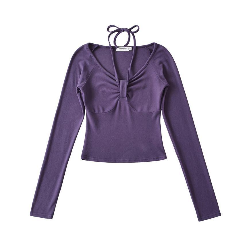 Long-Sleeve Halter Neck Plain Ruched Slim Fit Crop T-Shirt Product Image