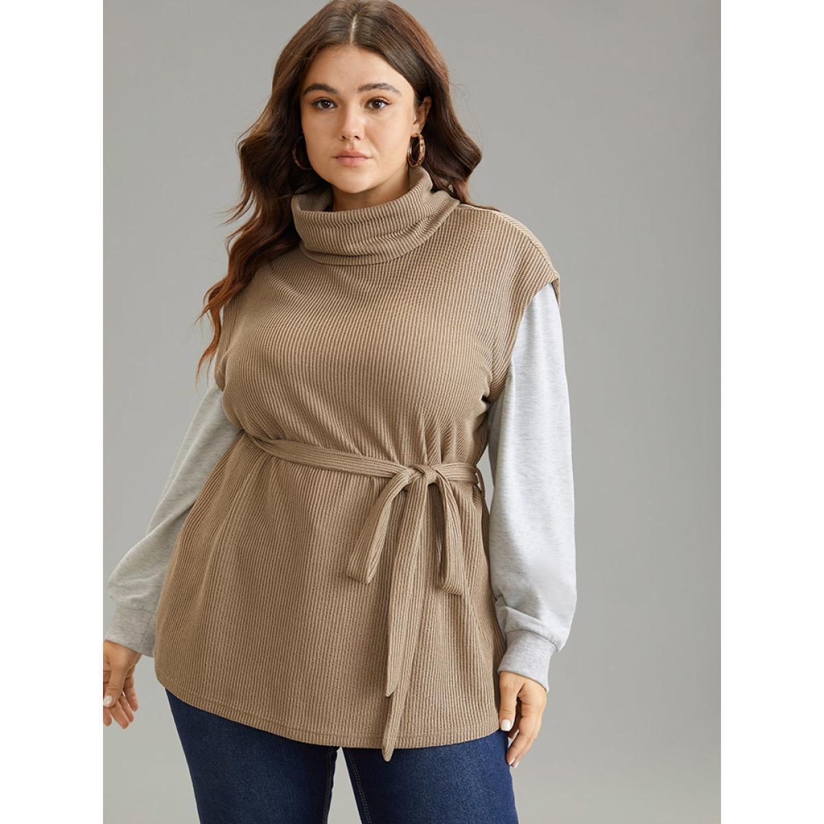 Plus Size 2-In-1 Turtleneck Texture Patchwork Belted Sweatshirt Women LightBrown Casual Texture Turtleneck Dailywear Sweatshirts BloomChic 28/5X Product Image