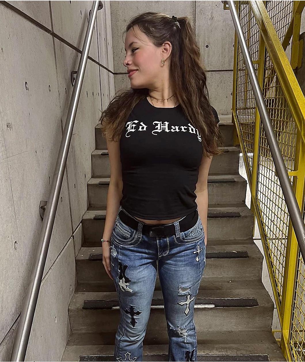 Ed Hardy Cross Heart Cap Sleeve Black T-Shirt Product Image