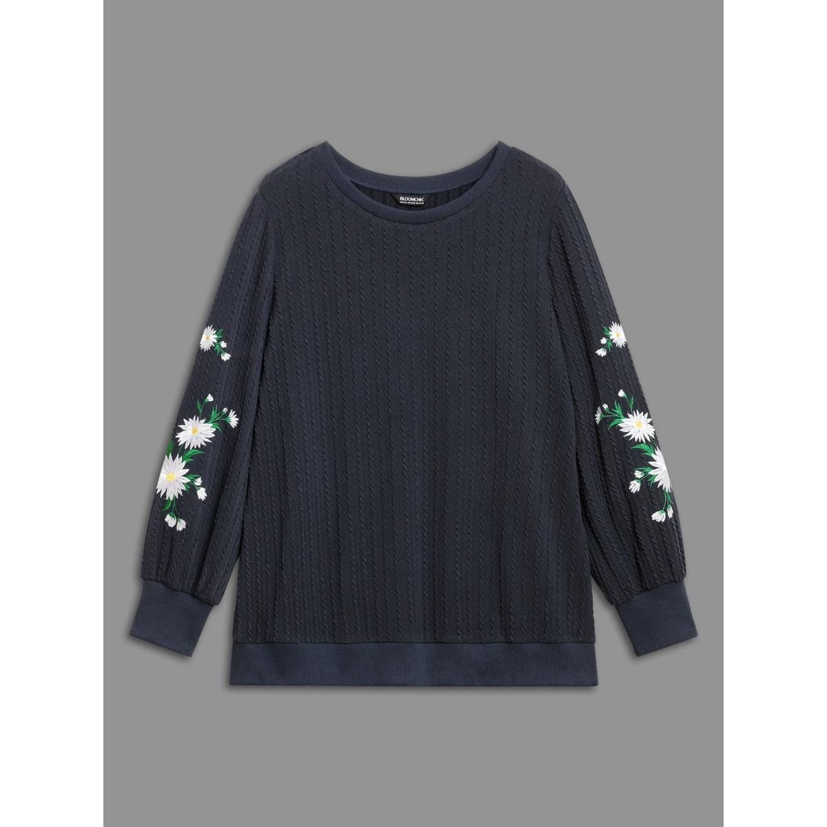 Plus Size Floral Embroidered Sleeves Sweatshirt Women Indigo Casual Texture Round Neck Everyday Sweatshirts BloomChic 26/4X Product Image