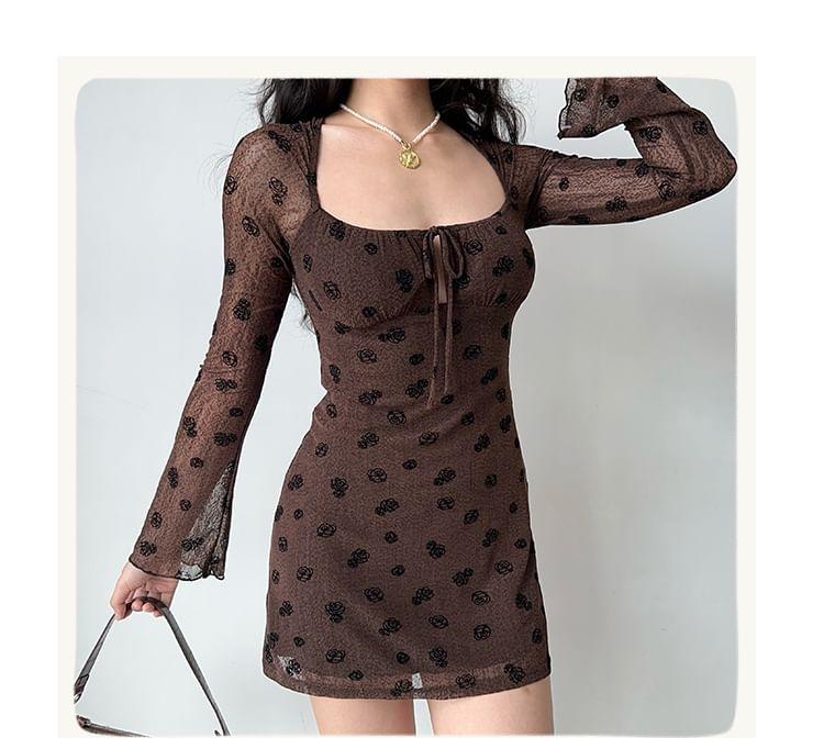 Long-Sleeve Scoop Neck Floral Jacquard Cutout Tie Front Mini Bodycon Dress Product Image