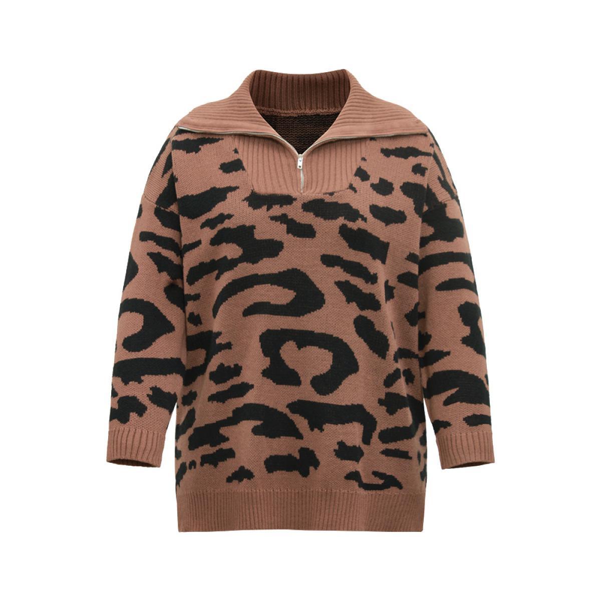 Plus Size Leopard Graphic Half Zip Polo Knit Pullover Rust Women Casual Loose Long Sleeve Polo Dailywear Pullovers BloomChic 12/L Product Image
