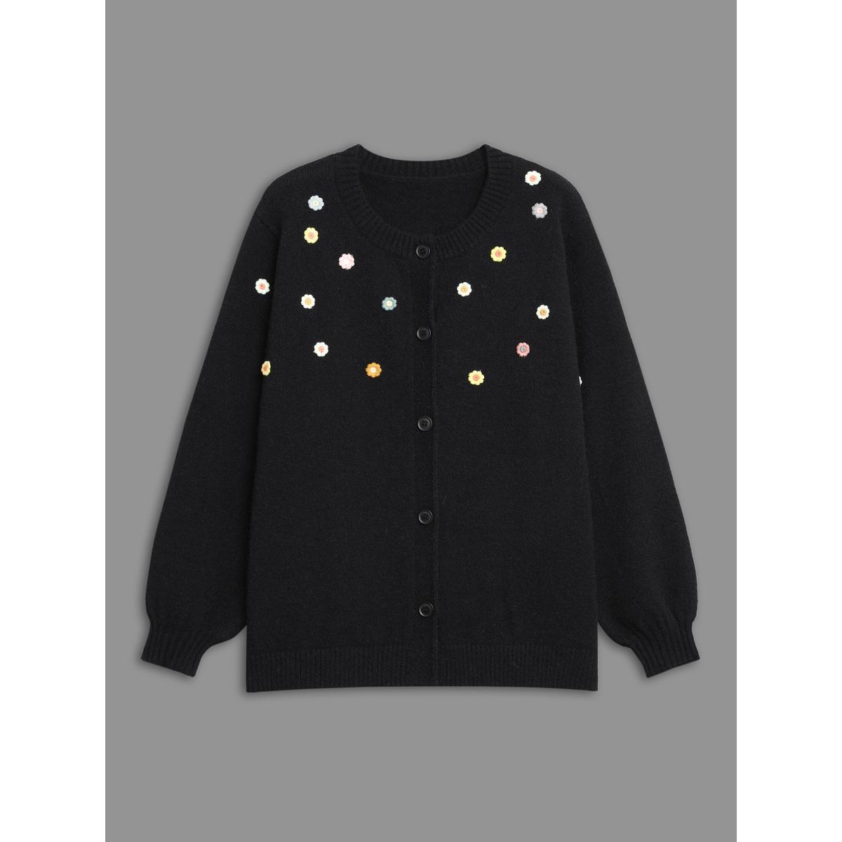 Plus Size Stereo Flower Design Button Through Cardigan Black Women Casual Loose Long Sleeve Everyday Cardigans BloomChic 14-16/1X Product Image