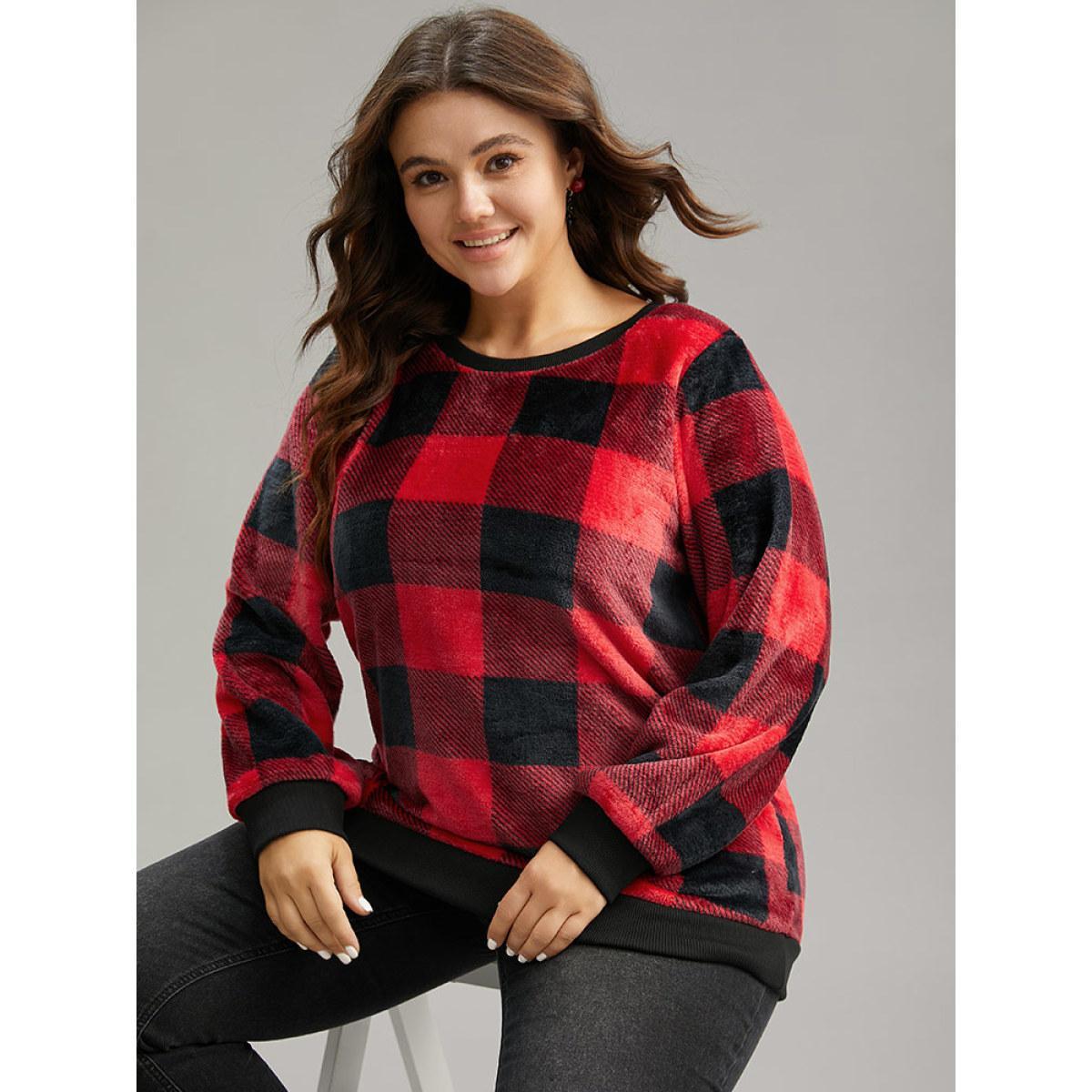 Plus Size Plaid Print Round Neck Fluffy Sweatshirt Women Scarlet Casual Rib Knit Round Neck Festival-Christmas Sweatshirts BloomChic 18-20/2X Product Image