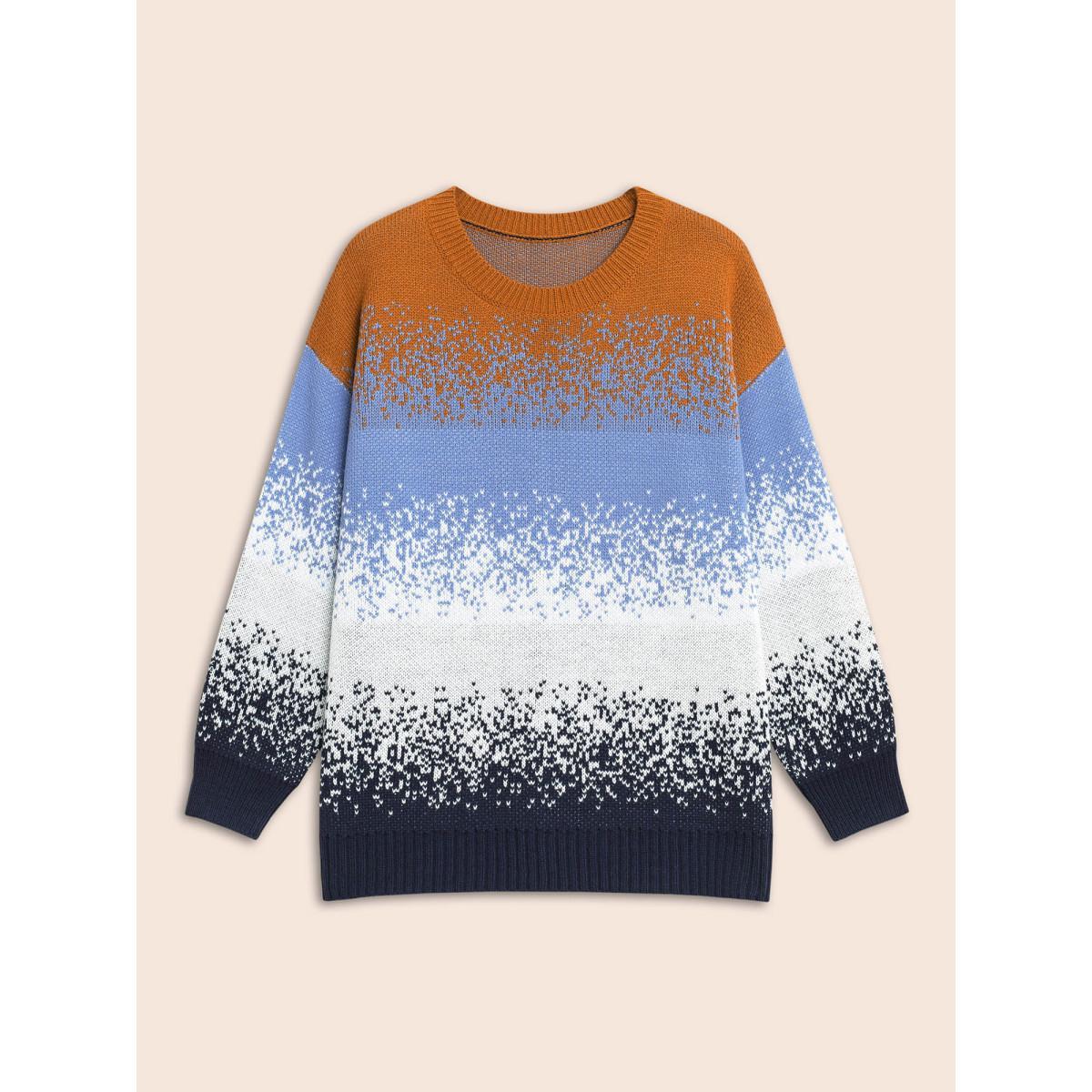 Plus Size Gradient Dyeing Contrast Drop Shoulder Pullover Indigo Women Casual Loose Long Sleeve Round Neck Everyday Pullovers BloomChic 14-16/1X Product Image