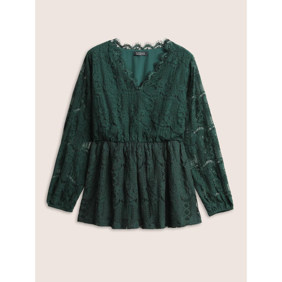 Plus Size DarkGreen Solid Lace Patchwork Elastic Waist Blouse Women Elegant Long Sleeve V-neck Party Blouses BloomChic 14-16/1X Product Image