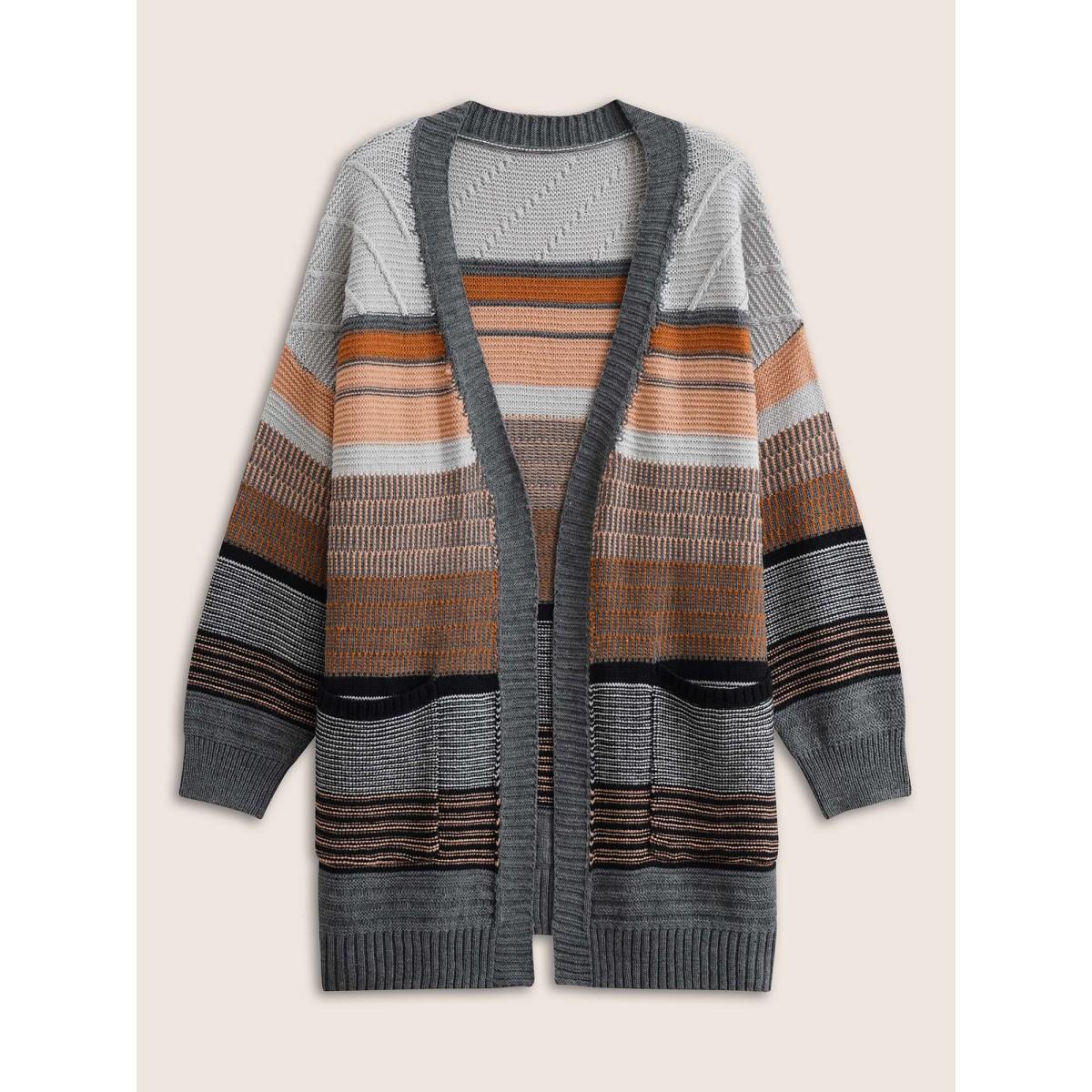 Plus Size Textured Patchwork Contrast Pocket Open Front Cardigan Gray Women Casual Loose Long Sleeve Dailywear Cardigans BloomChic 10/M Product Image