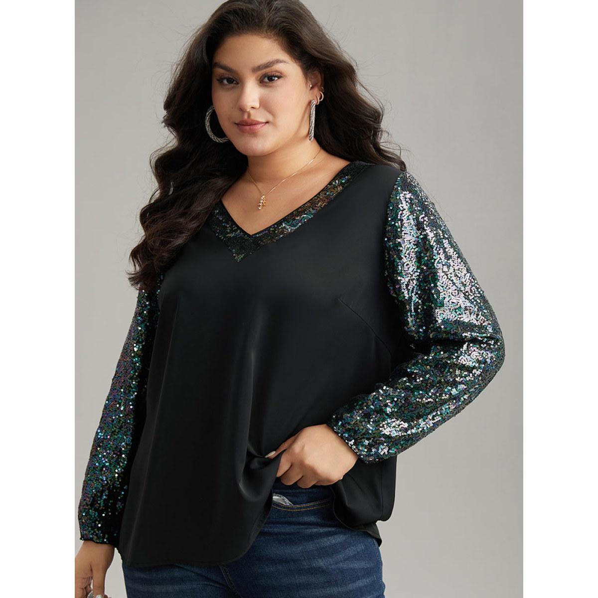 Plus Size Black Sequin Patchwork V Neck Blouse Women Glamour Long Sleeve V-neck Going out Blouses BloomChic 28/5X Product Image