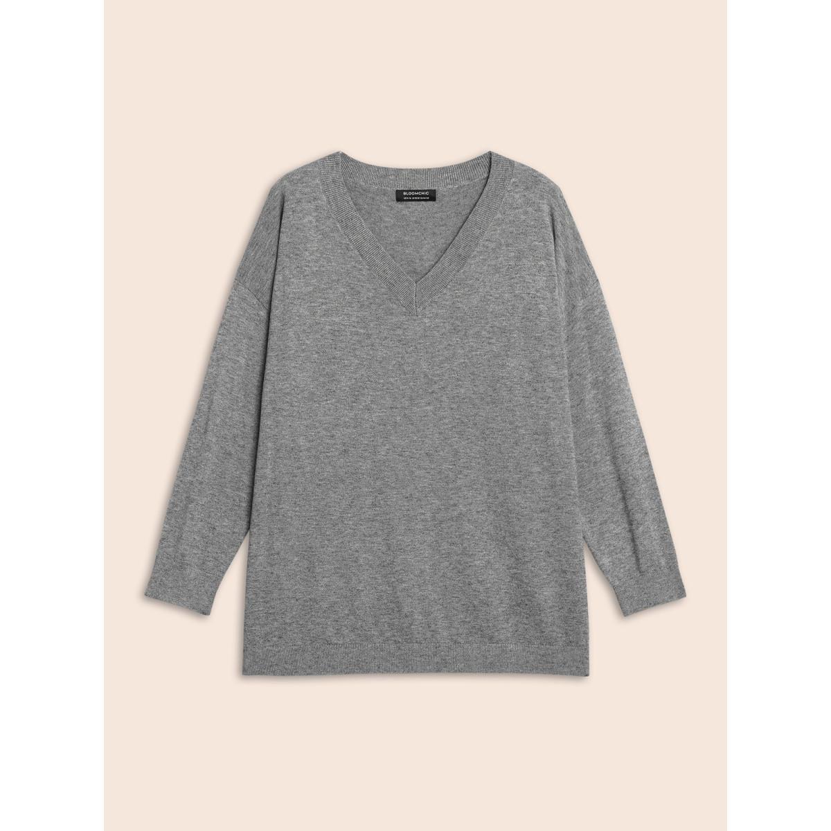 Plus Size Supersoft Drop Shoulder V-Neck Top Mediumgray Women Casual Long Sleeve V-neck Everyday Pullovers BloomChic 18-20/2X Product Image