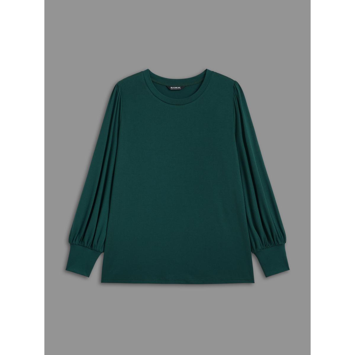 Plus Size Round Neck Balloon Sleeves A-line Tee DarkGreen Women Elegant Gathered Round Neck Everyday T-shirts BloomChic 12/L Product Image