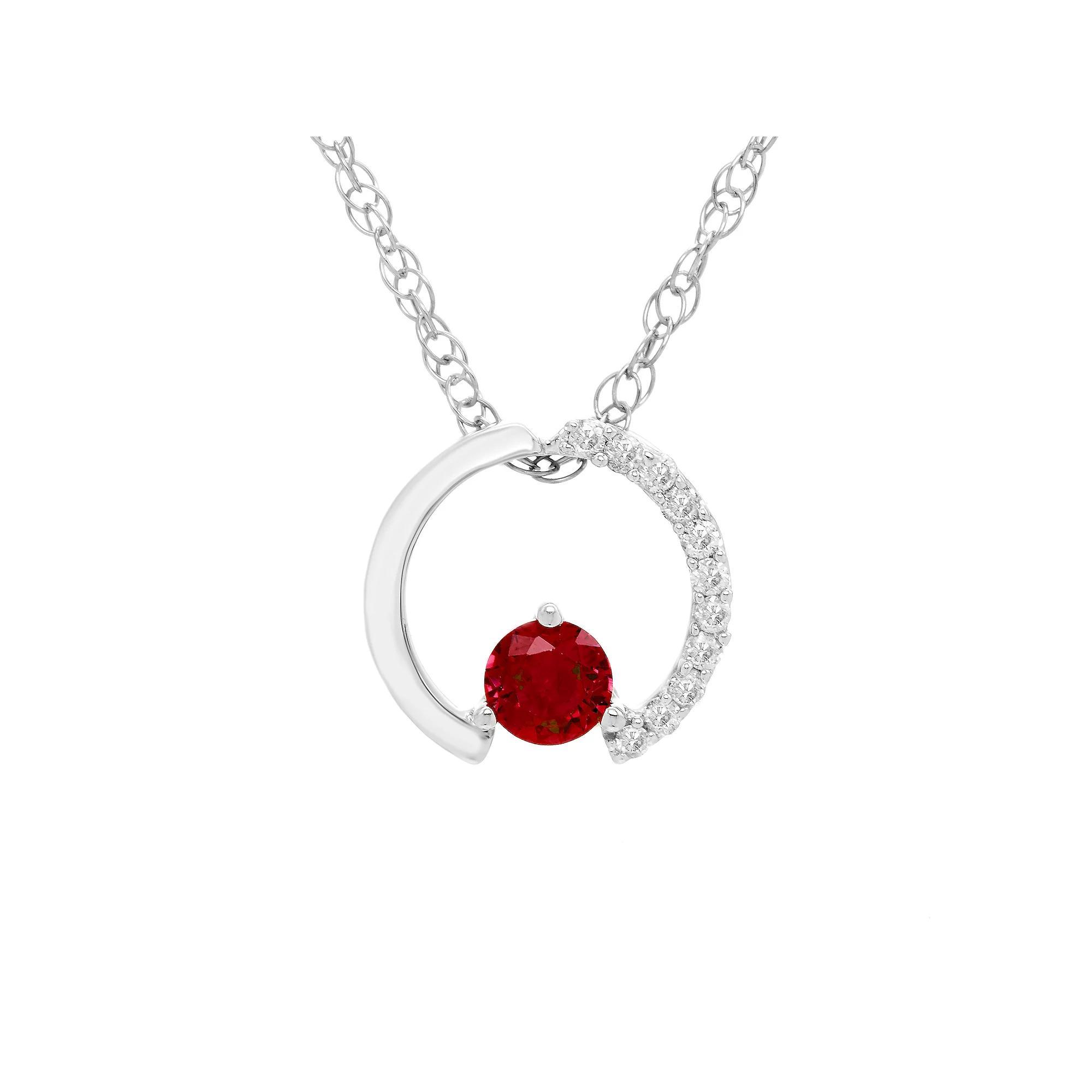 Boston Bay Diamonds Sterling Silver Gemstone & 1/10 Carat T.W. Diamond Circle Pendant Necklace, Women's, Size: 18", Created Red Product Image