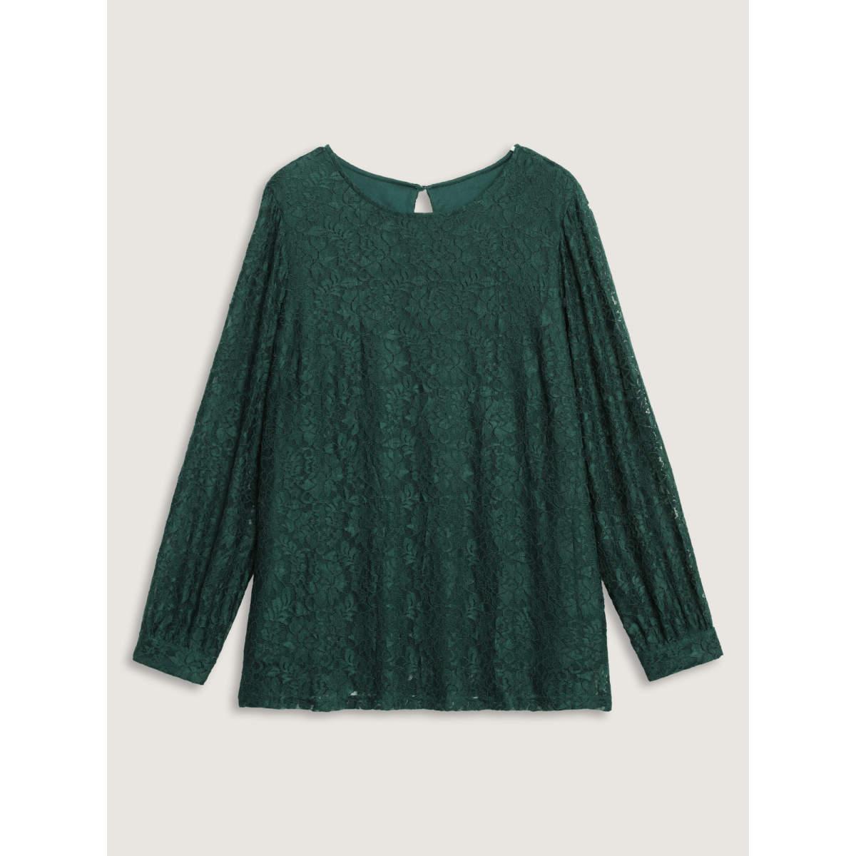 Plus Size Purple Solid Crochet Lace Mesh Crew Neck Blouse Women Cocktail Long Sleeve Round Neck Party Blouses BloomChic 26/4X Product Image
