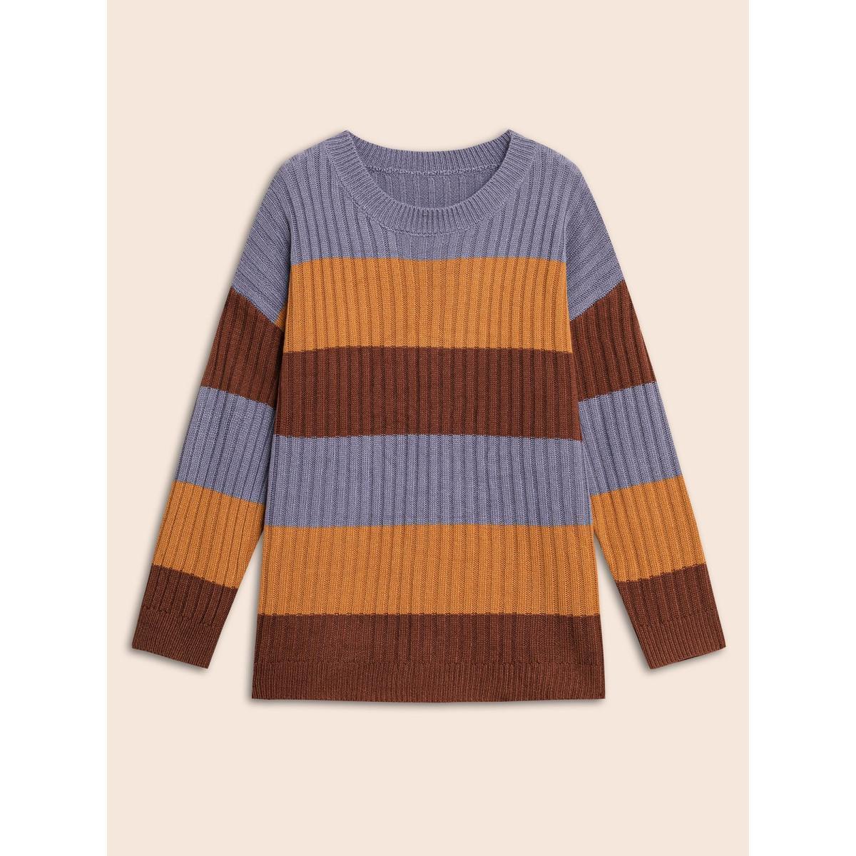 Plus Size Colorblock Contrast Split Hem Pullover Browncoffeecolor Women Casual Loose Long Sleeve Round Neck Everyday Pullovers BloomChic 10/M Product Image