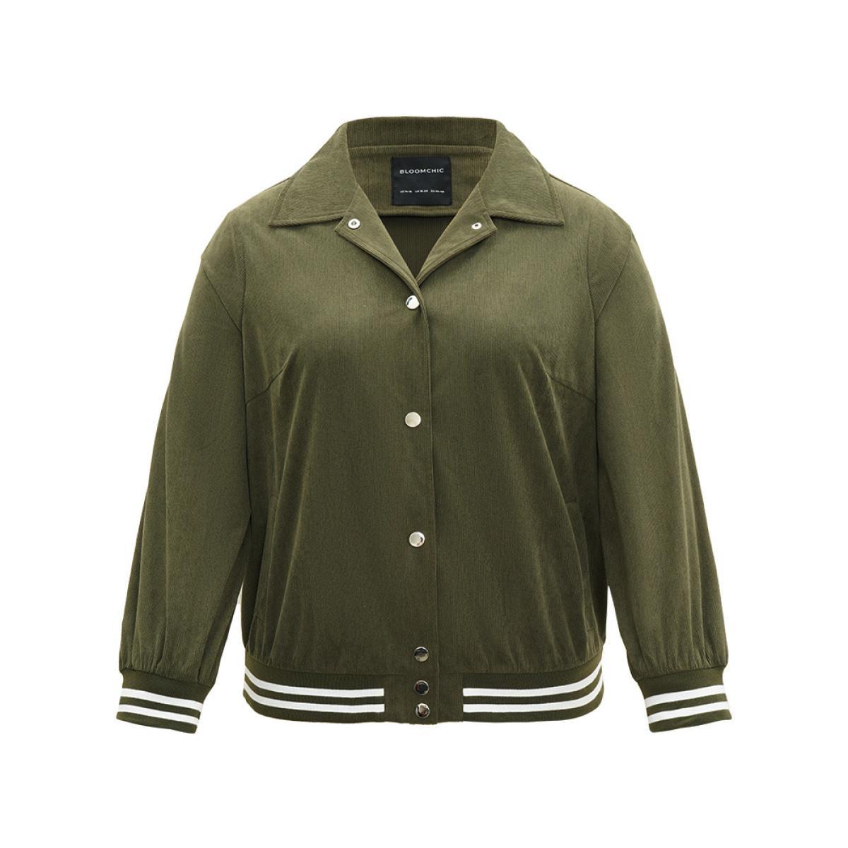 Plus Size Corduroy Striped Trim Button Up Jacket Women ArmyGreen Elastic cuffs Pocket Dailywear Jackets BloomChic 18-20/2X Product Image