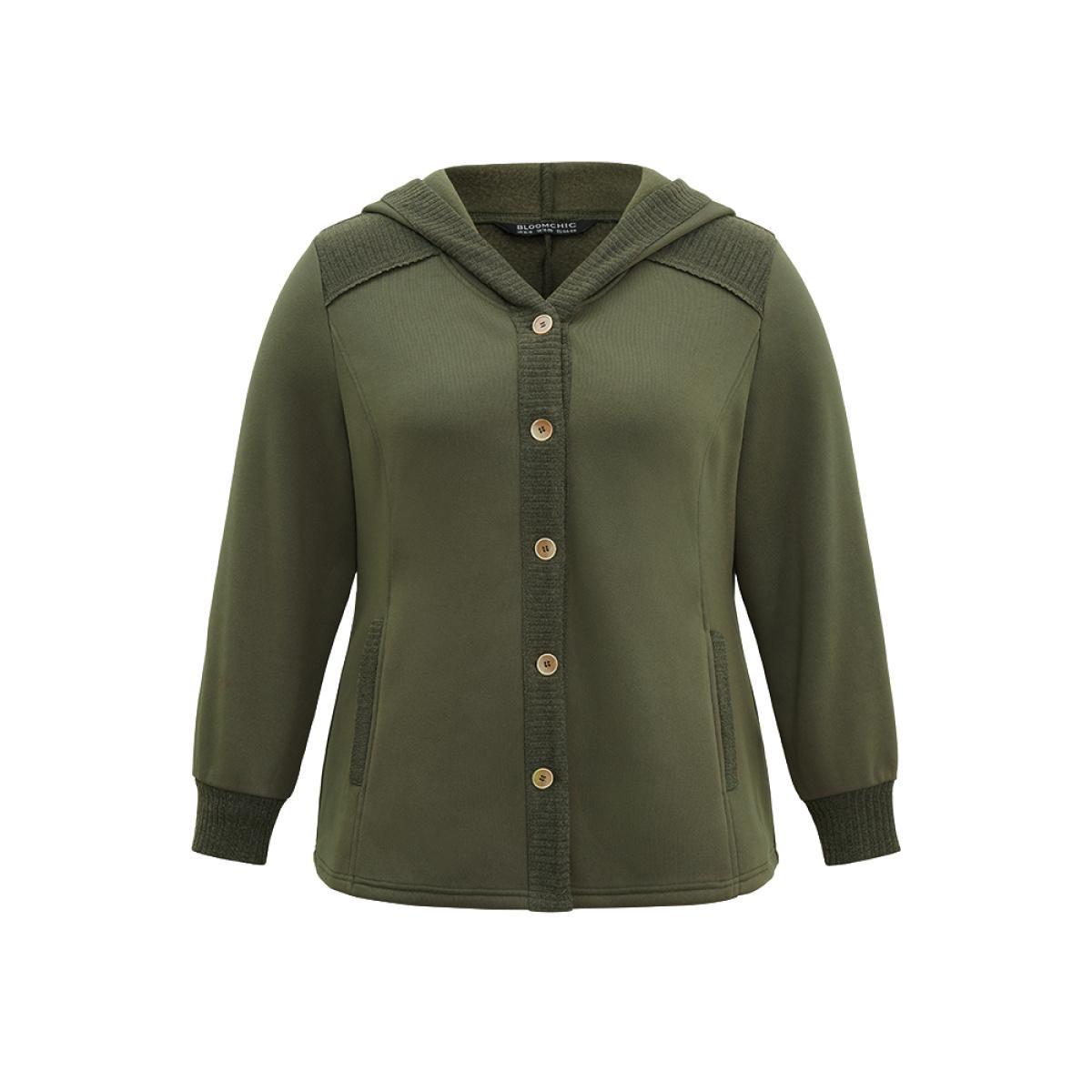 Plus Size Patchwork Rib Knit Hooded Button Up Jacket Women ArmyGreen Rib Knit Pocket Dailywear Jackets BloomChic 30/6X Product Image